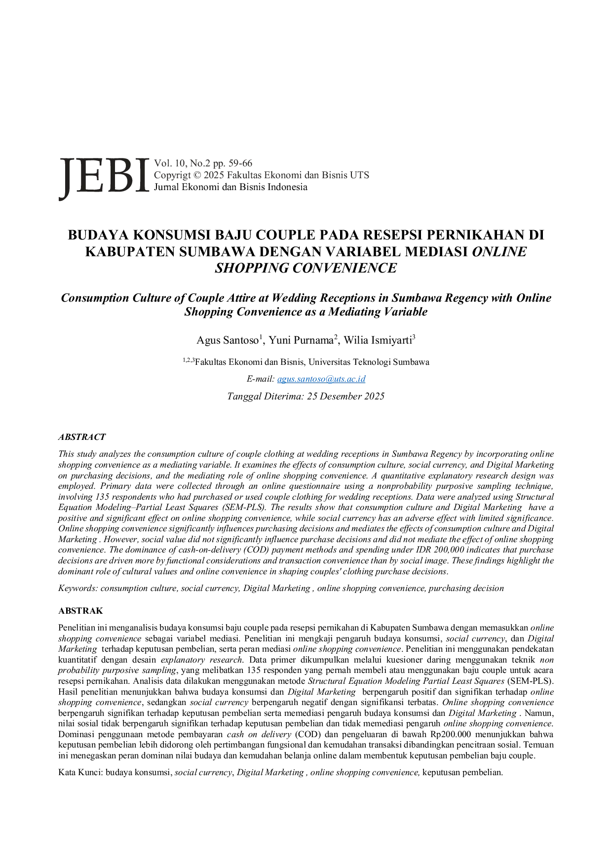 JURIS Budaya Konsumsi Baju Couple Pada Resepsi Pernikahan Di Kabupaten Sumbawa Dengan Variabel Mediasi Online Shopping Convenience