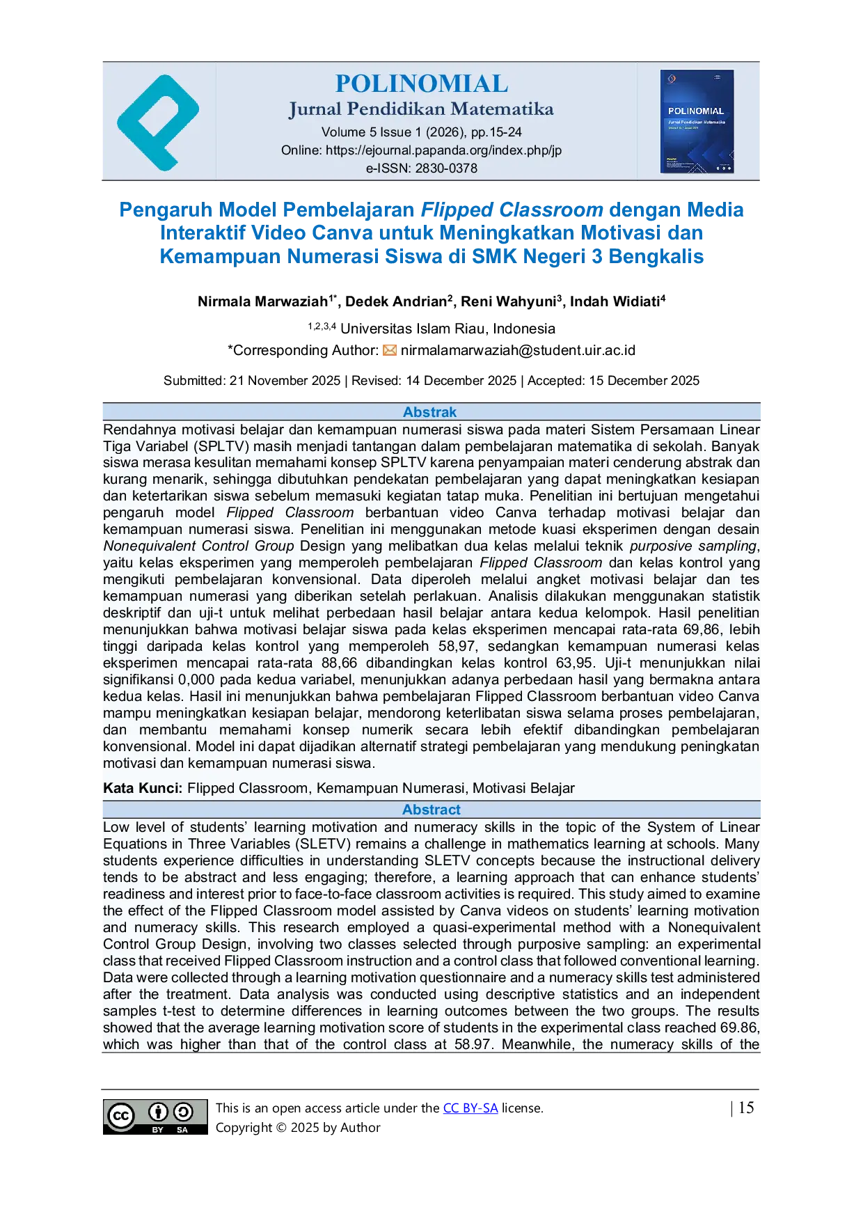 JURIS Pengaruh Model Pembelajaran Flipped Classroom dengan Media Interaktif Video Canva untuk Meningkatkan Motivasi dan Kemampuan Numerasi Siswa di SMK Negeri 3 Bengkalis