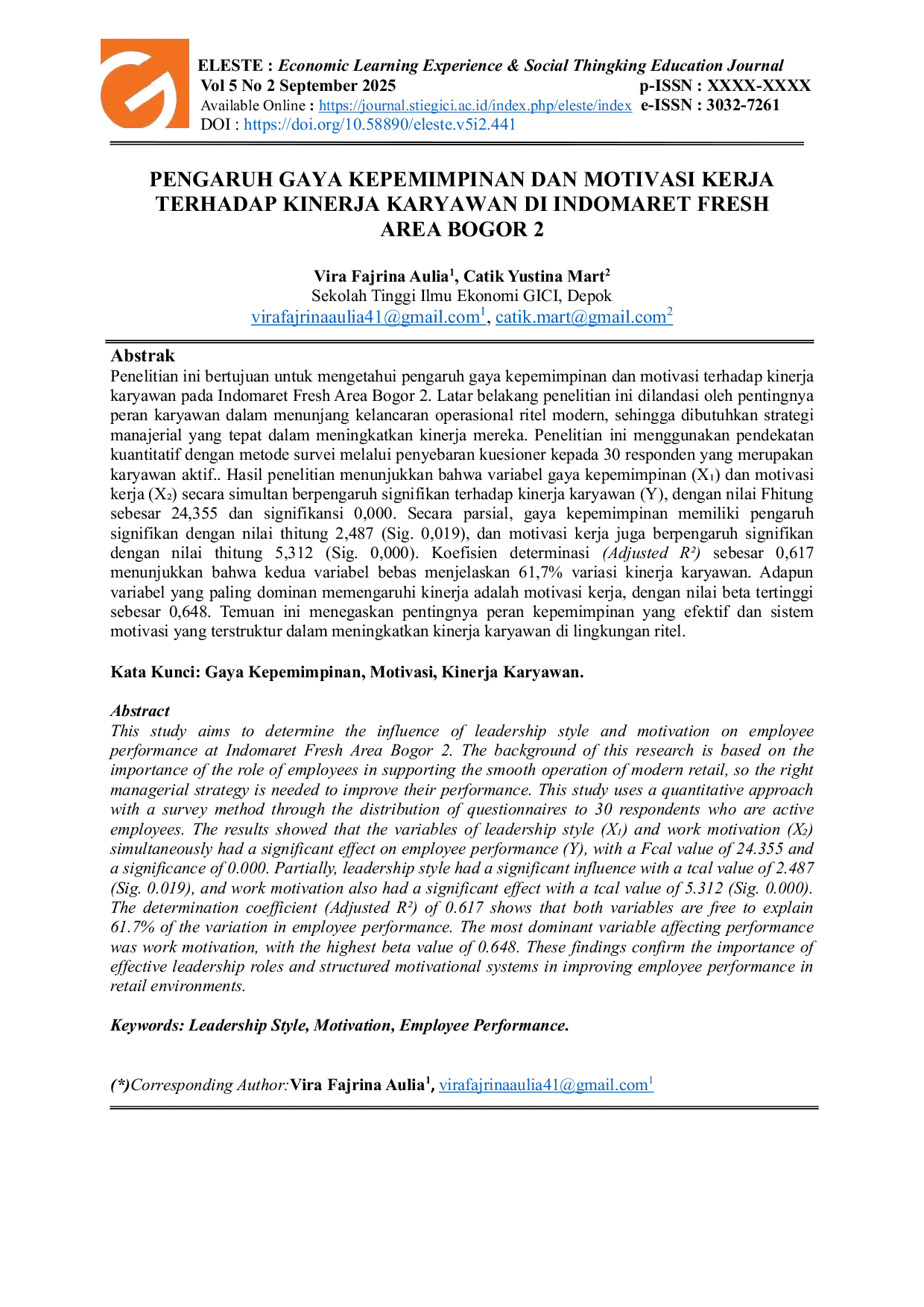 JURIS Pengaruh Gaya Kepemimpinan dan Motivasi Kerja Terhadap Kinerja Karyawan di Indomaret Fresh Area Bogor 2