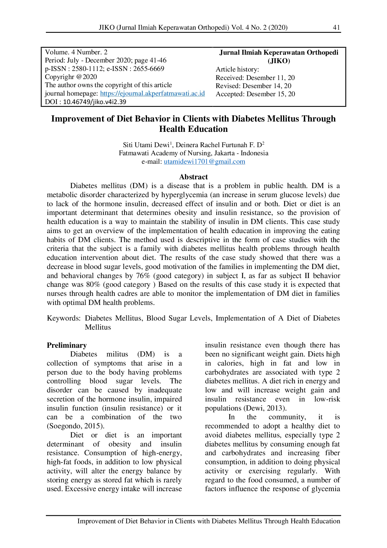 JURIS Improvement of Diet Behavior in Clients with Diabetes Mellitus Through Health Education