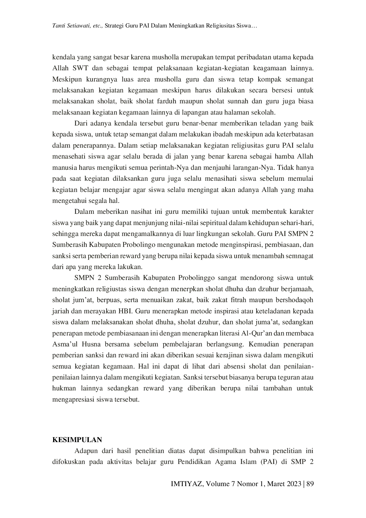 JURIS Strategi Guru PAI dalam Meningkatkan Religiusitas Siswa Melalui Penerapan Nilai Nilai Agama Islam pada Siswa SMPN 2 Sumberasih Probolinggo