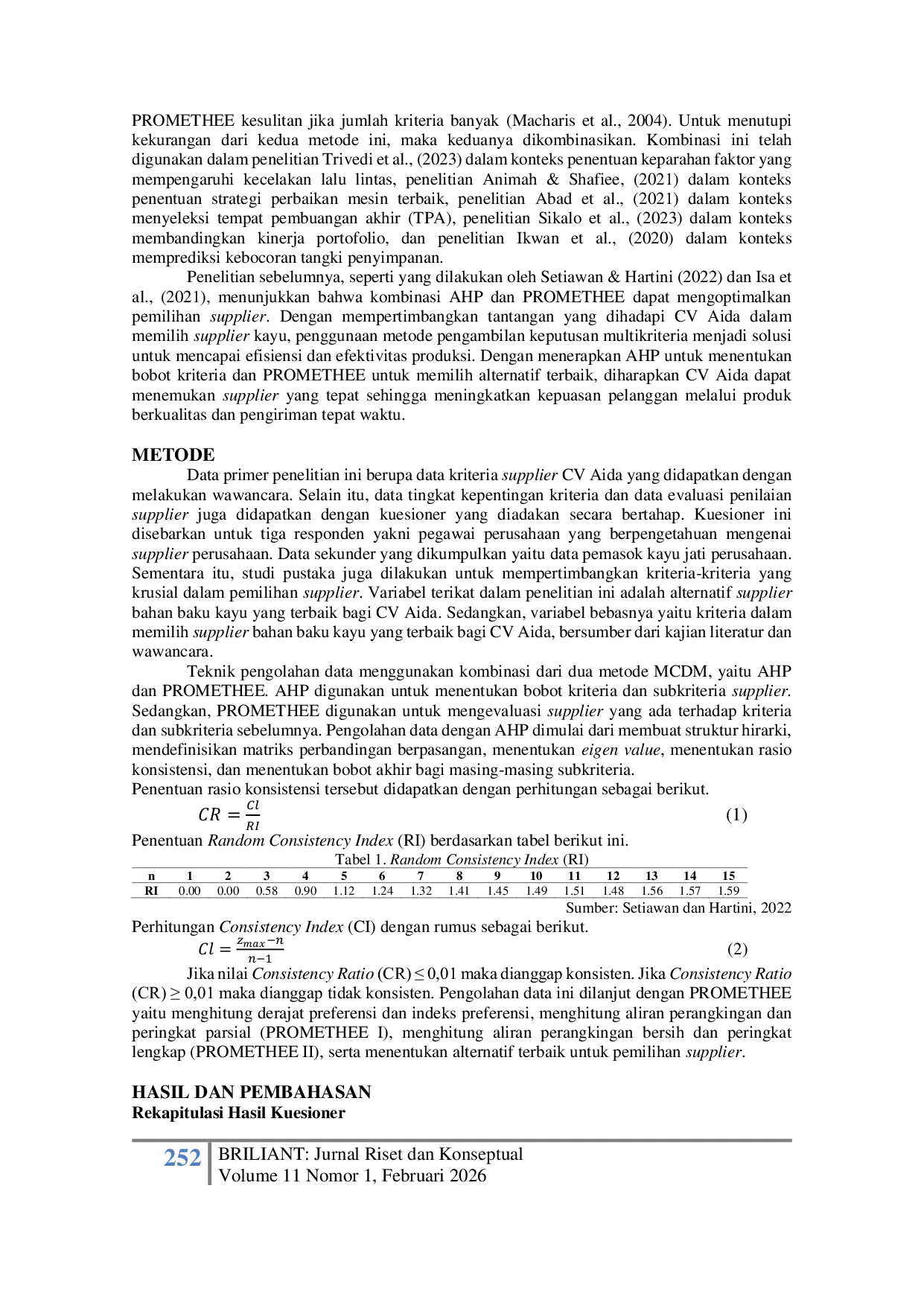 JURIS Optimasi Pemilihan Supplier Kayu dengan Metode PROMETHEE untuk Pemilihan Supplier Terbaik di CV AIDA