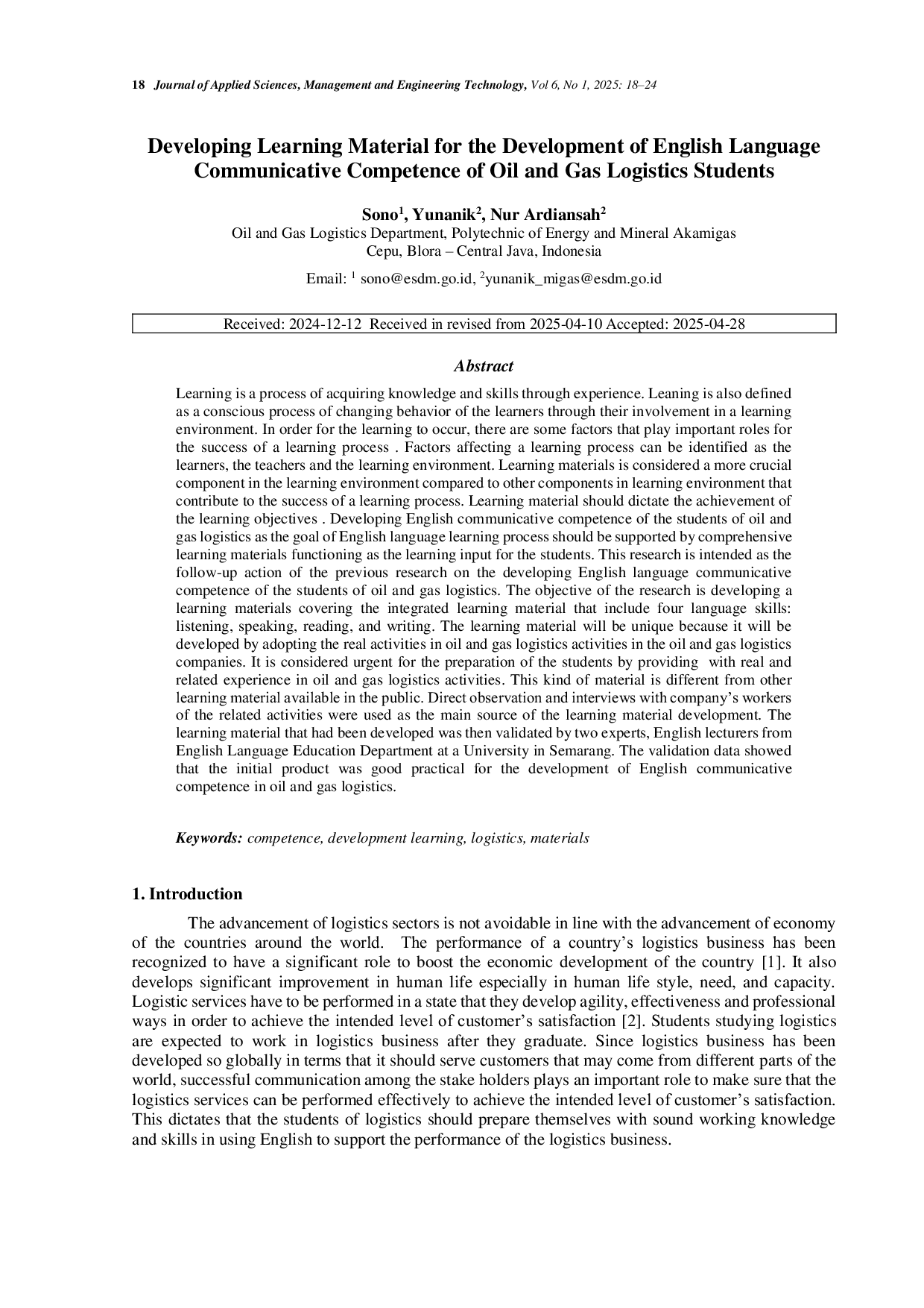 JURIS Developing Learning Material for the Development of English Language Communicative Competence of Oil and Gas Logistics Students