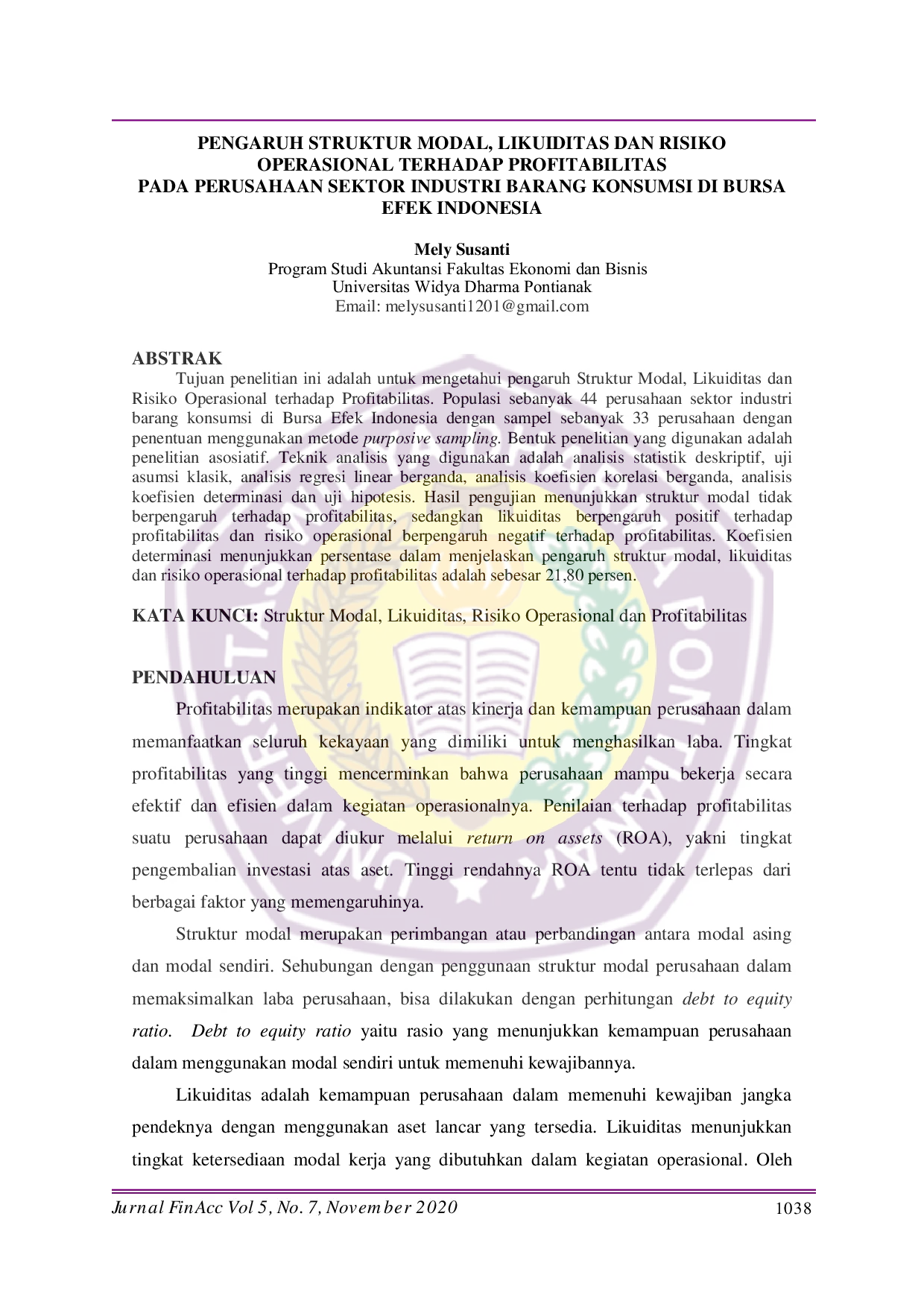 JURIS Pengaruh Struktur Modal Likuiditas dan Risiko Operasional Terhadap Profitabilitas Pada Perusahaan Sektor Industri Barang Konsumsi di Bursa Efek Indonesia
