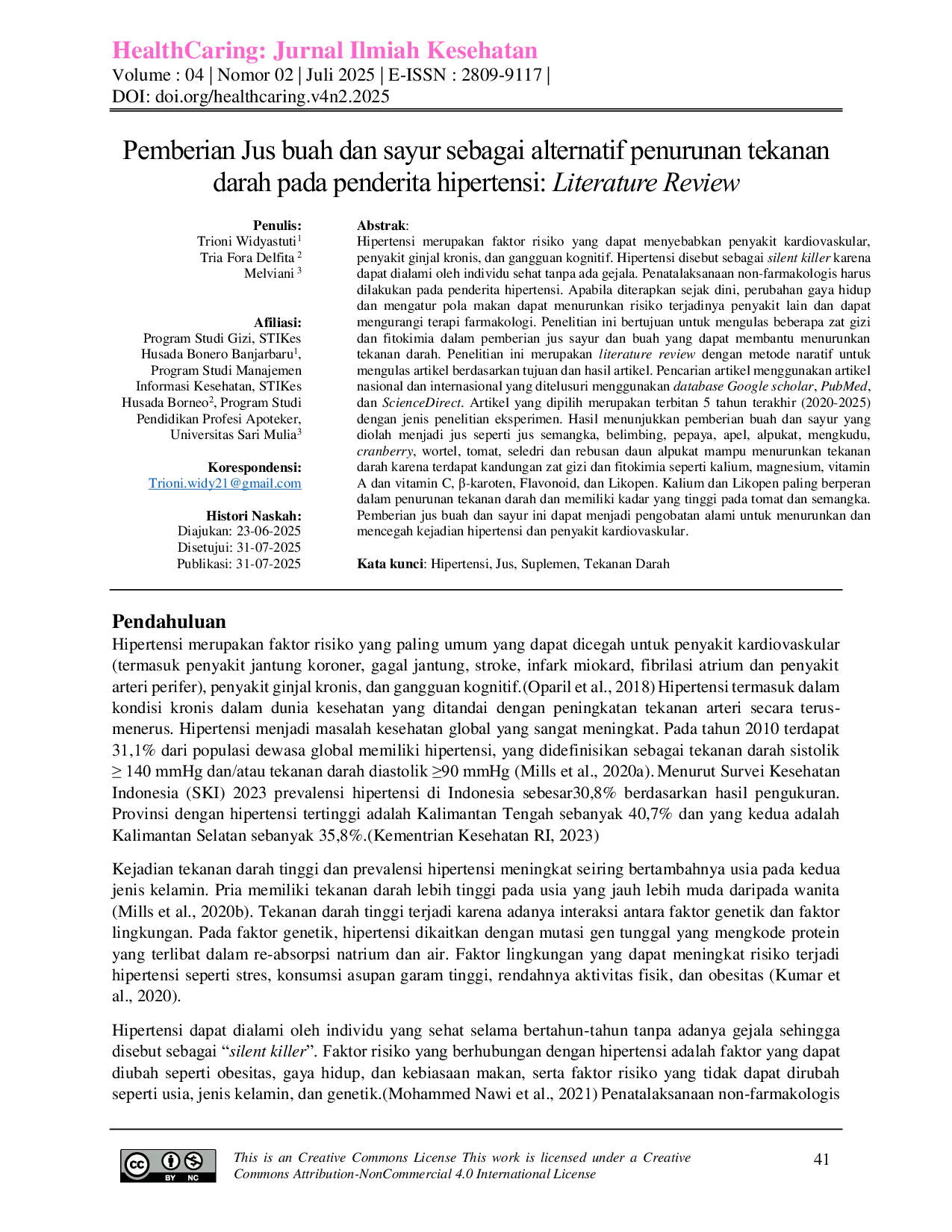 JURIS Pemberian jus buah dan sayur sebagai alternatif penurunan tekanan darah pada penderita hipertensi Litertarture review