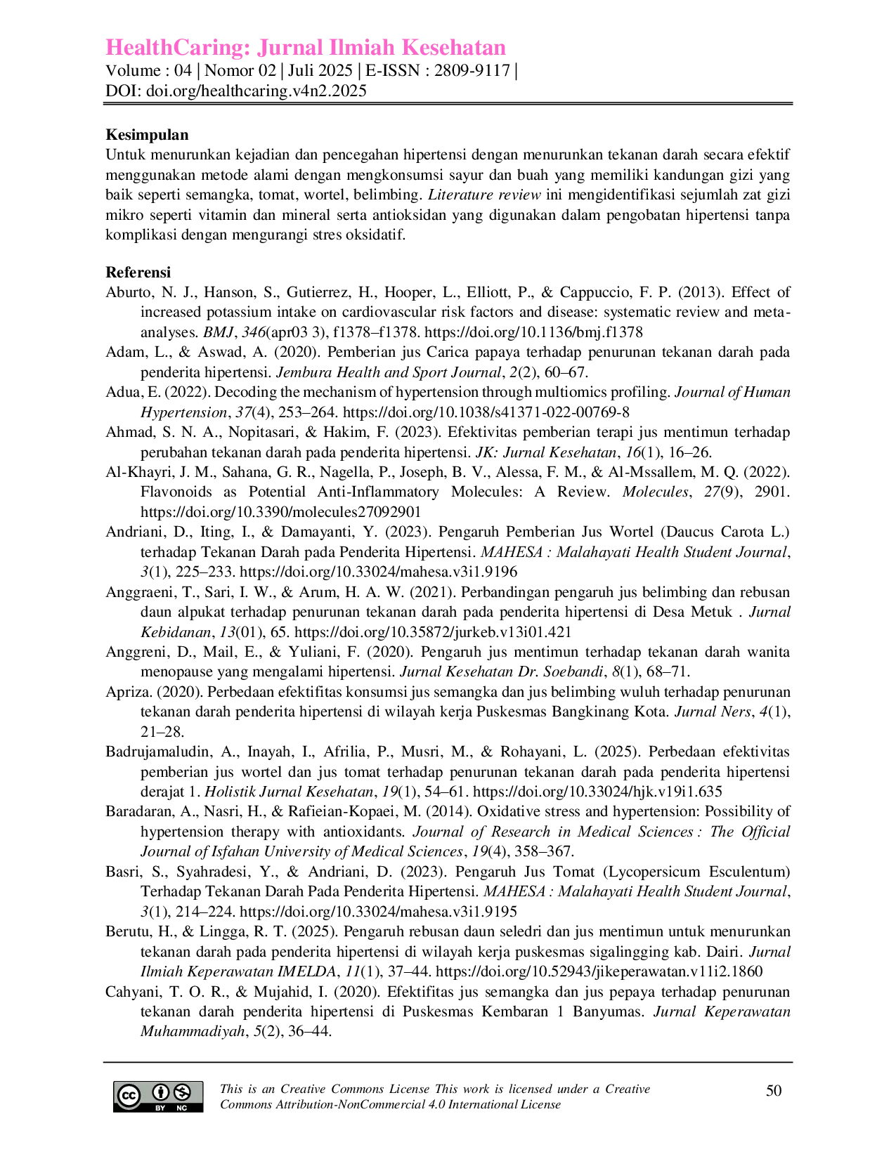JURIS Pemberian jus buah dan sayur sebagai alternatif penurunan tekanan darah pada penderita hipertensi Litertarture review