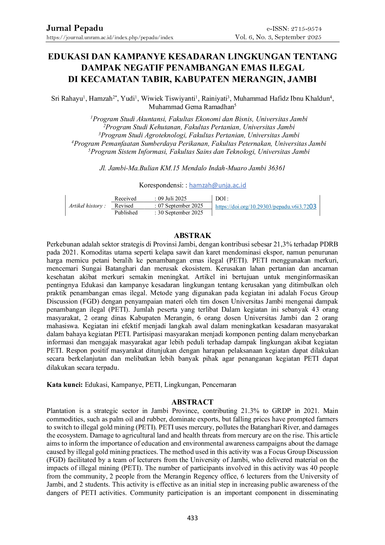 JURIS Edukasi Dan Kampanye Kesadaran Lingkungan Tentang Dampak Negatif Penambangan Emas Ilegal Di Kecamatan Tabir Kabupaten Merangin Jambi