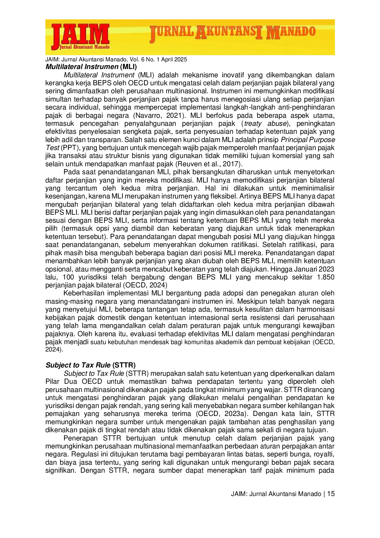 JURIS Analisis Efektivitas Multilateral Instrument Dan Subject To Tax Rule Dalam Mengatasi Penghindaran Pajak