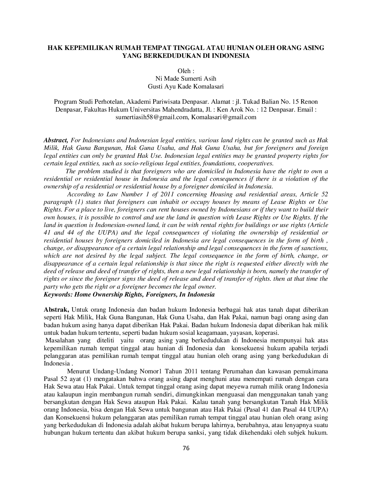 JURIS Hak Kepemilikan Rumah Tempat Tinggal Atau Hunian Oleh Orang Asing Yang Berkedudukan Di Indonesia
