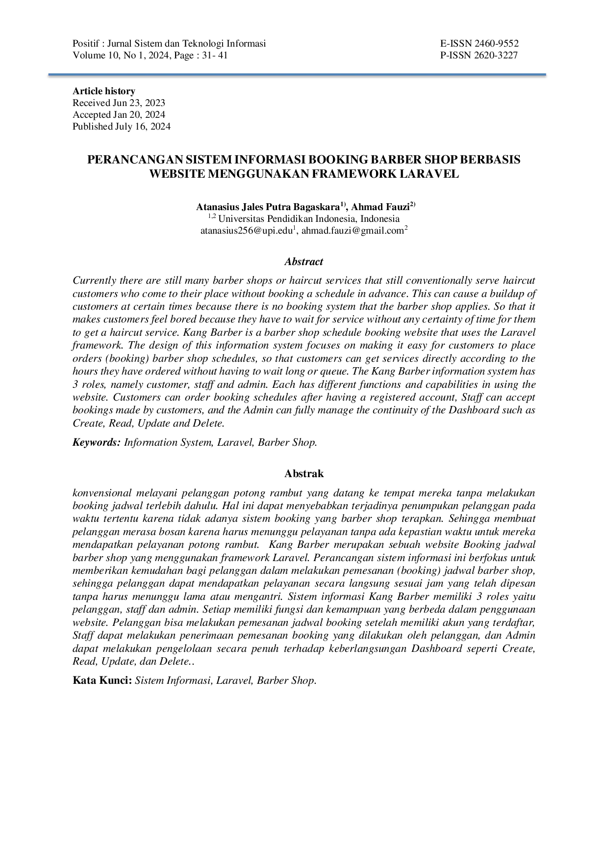 JURIS Design of a Website Based Barber Shop Booking Information System Using the Laravel Framework