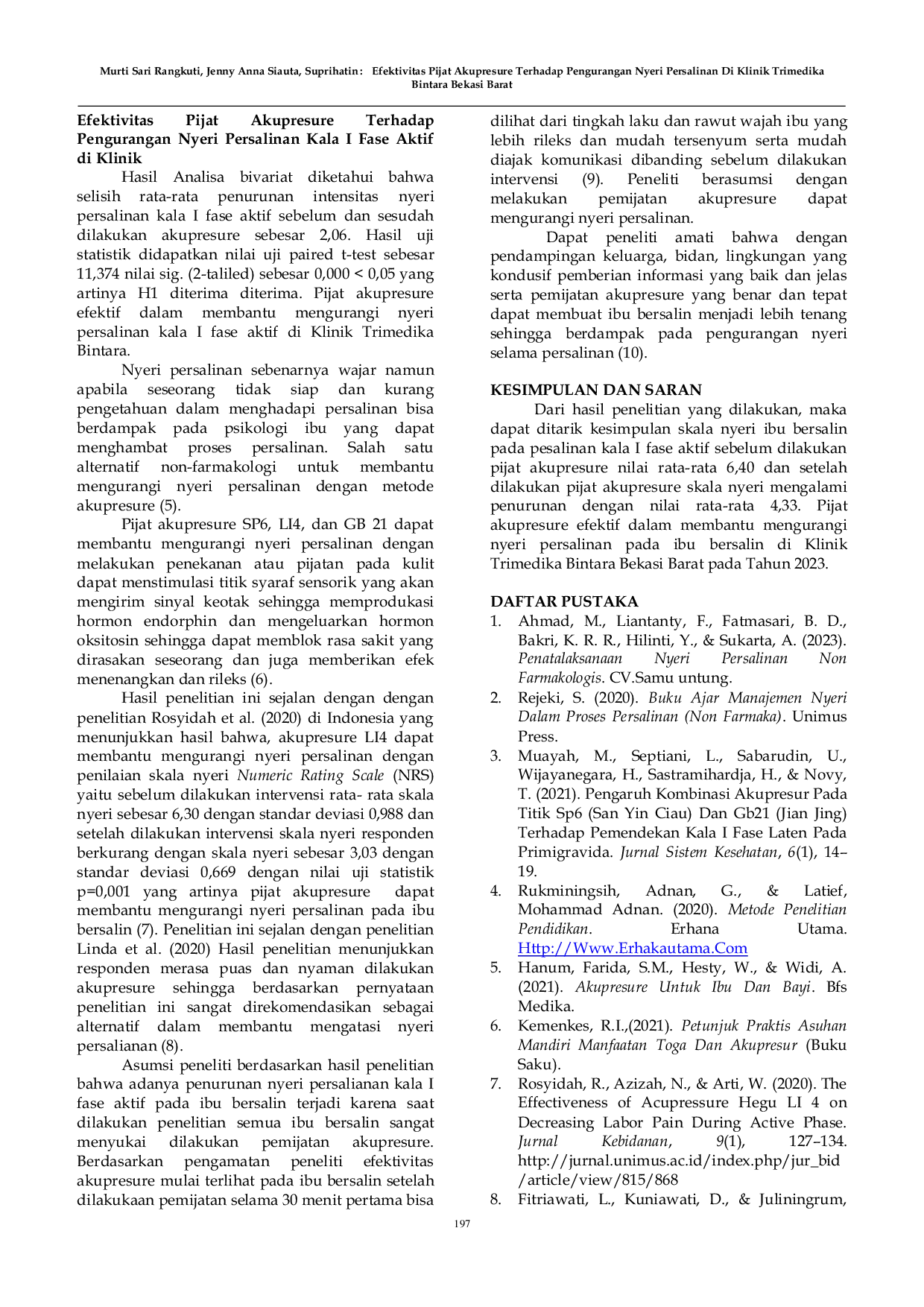 JURIS Efektivitas Pijat Akupresure Terhadap Pengurangan Nyeri Persalinan Di Klinik Trimedika Bintara Bekasi Barat