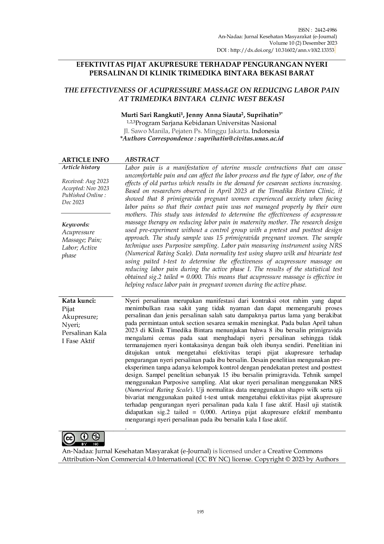 JURIS Efektivitas Pijat Akupresure Terhadap Pengurangan Nyeri Persalinan Di Klinik Trimedika Bintara Bekasi Barat