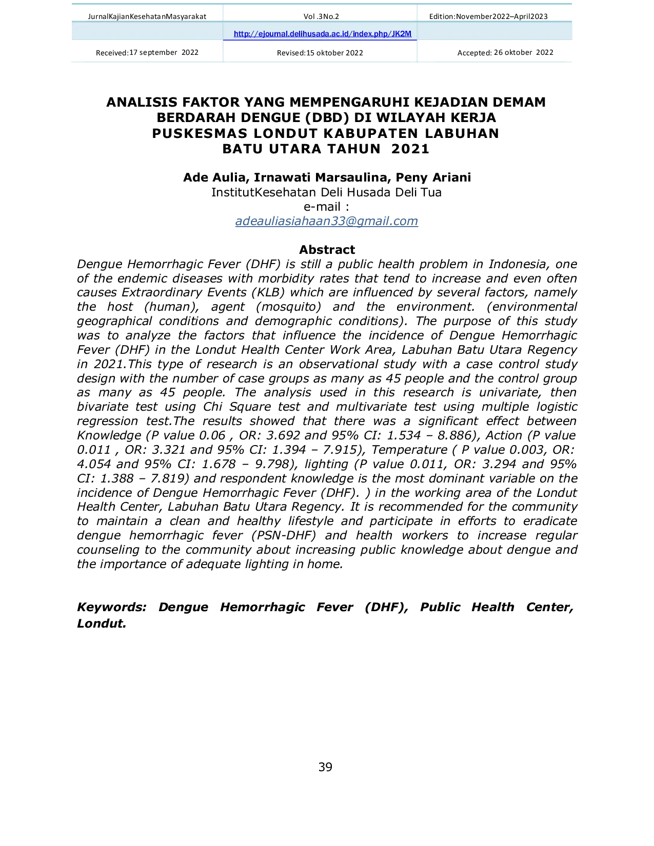 JURIS Analisis Faktor yang Mempengaruhi Kejadian Demam Berdarah Dengue DBD di Wilayah Kerja Puskesmas Londut Kabupaten Labuhan Batu Utara Tahun 2021