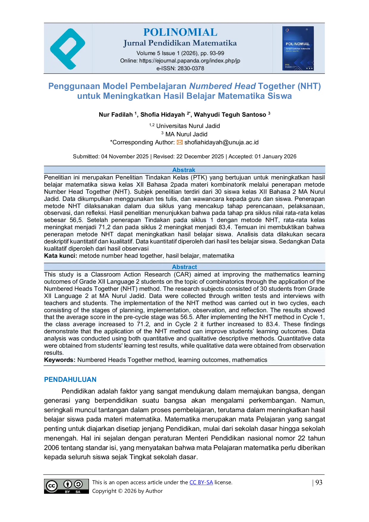 JURIS Penggunaan Model Pembelajaran Numbered Head Together NHT untuk Meningkatkan Hasil Belajar Matematika Siswa