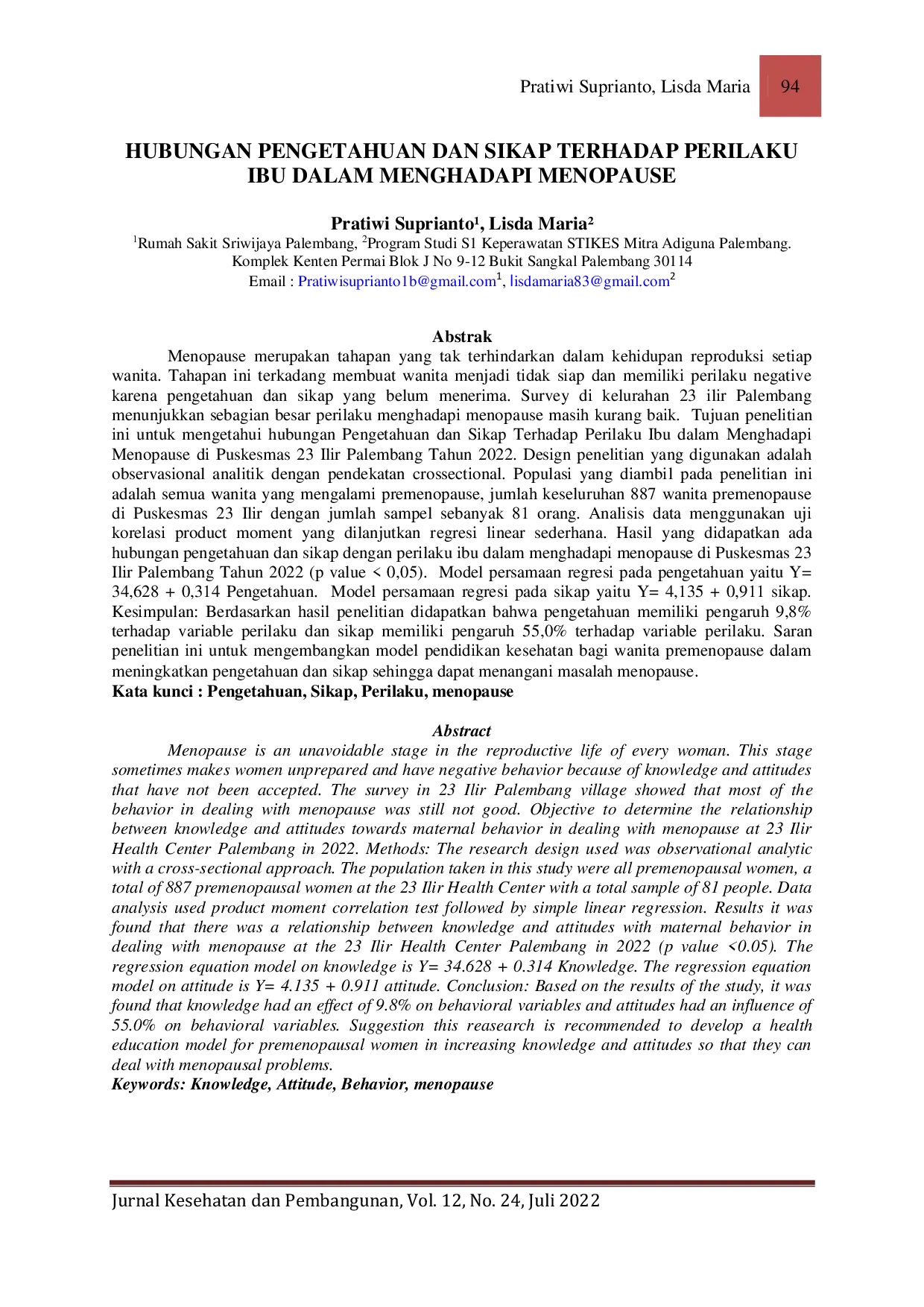 JURIS Hubungan Pengetahuan dan Sikap Terhadap Perilaku Ibu dalam Menghadapi Menopause