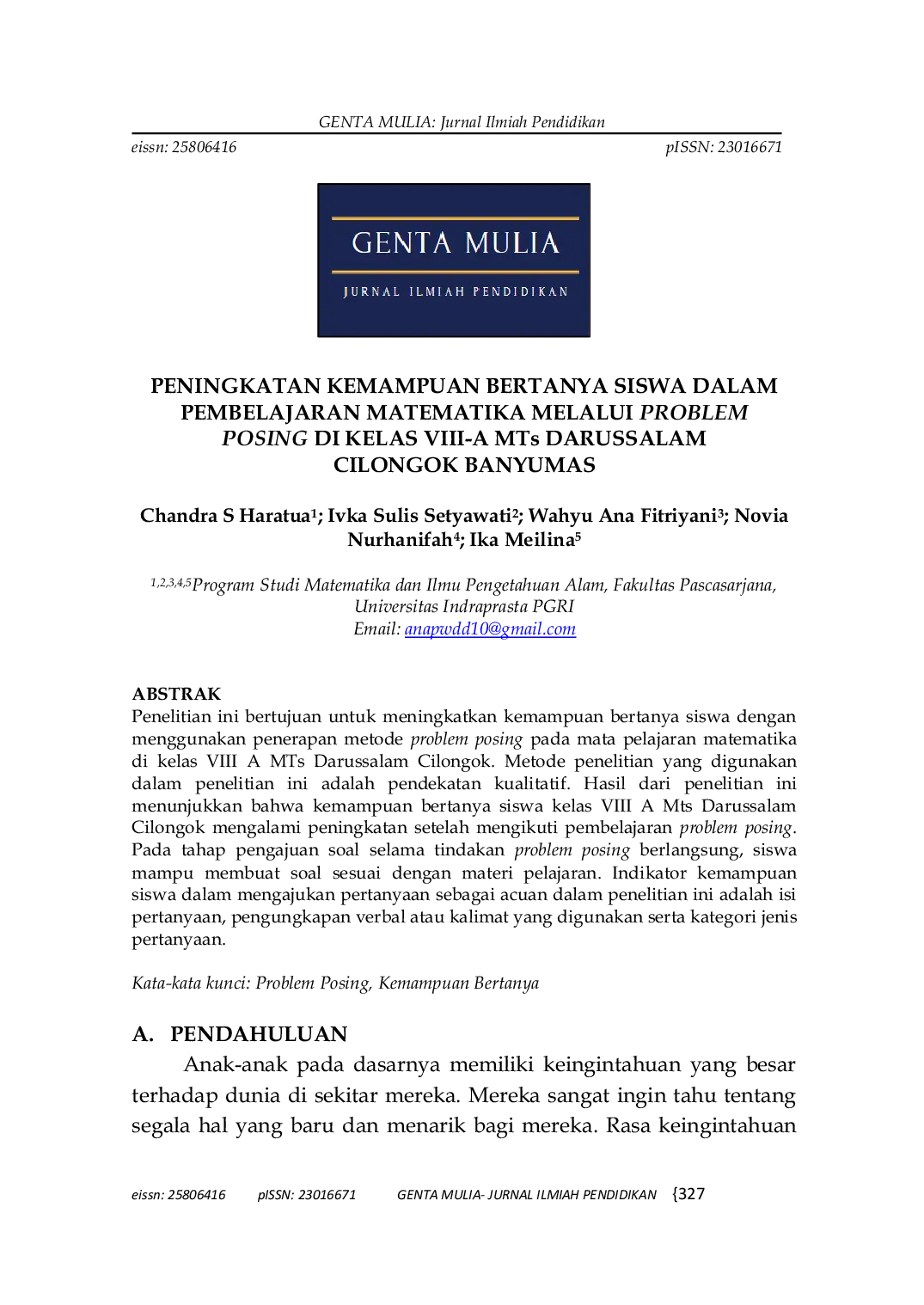 JURIS PENINGKATAN KEMAMPUAN BERTANYA SISWA DALAM PEMBELAJARAN MATEMATIKA MELALUI PROBLEM POSING DI KELAS VIII A MTs DARUSSALAM CILONGOK BANYUMAS