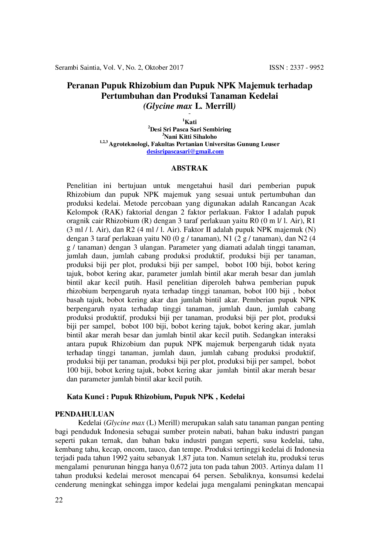 JURIS Peranan Pupuk Rhizobium dan Pupuk NPK Majemuk terhadap Pertumbuhan dan Produksi Tanaman Kedelai