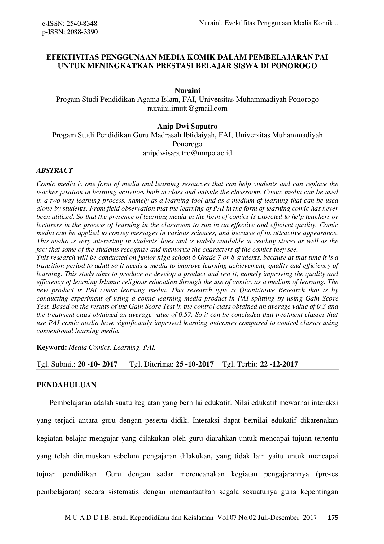 JURIS Efektivitas Penggunaan Media Komik Dalam Pembelajaran PAI Untuk Meningkatkan Prestasi Belajar Siswa Di Ponorogo