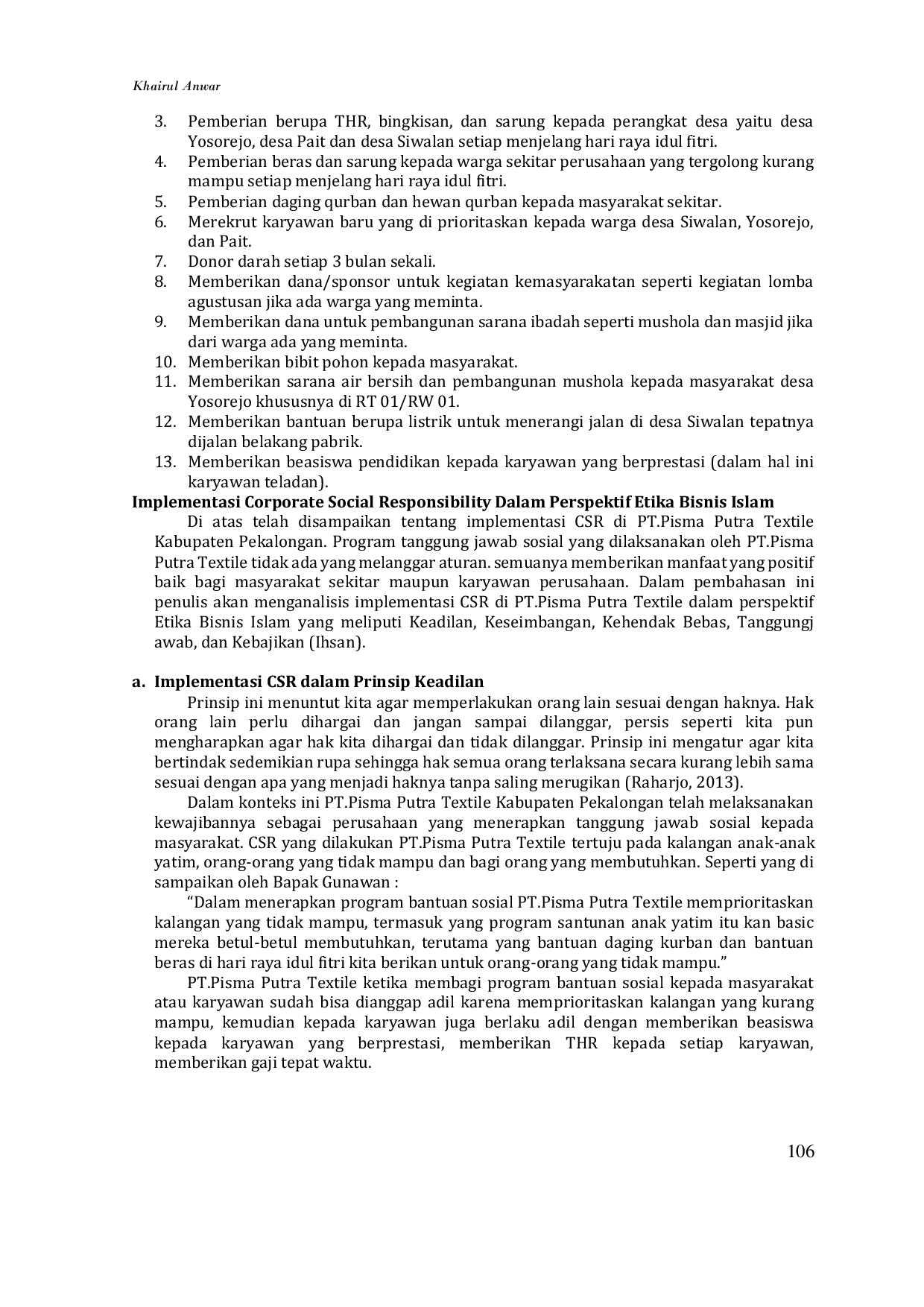JURIS Implementasi CSR dalam Perspektif Etika Bisnis Islam Studi Kasus Di PT Pisma Putra Textile Kabupaten Pekalongan