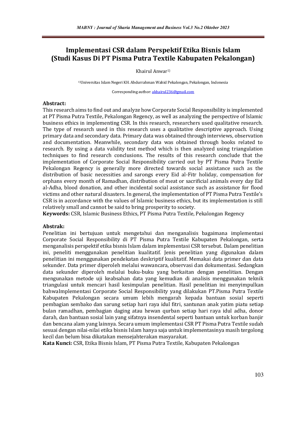 JURIS Implementasi CSR dalam Perspektif Etika Bisnis Islam Studi Kasus Di PT Pisma Putra Textile Kabupaten Pekalongan