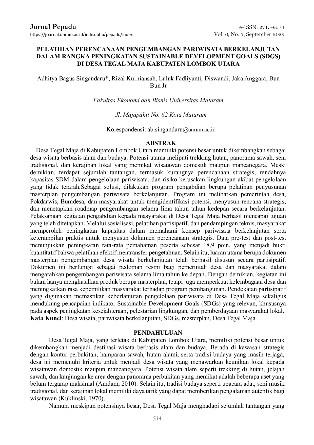 JURIS Pelatihan Perencanaan Pengembangan Pariwisata Berkelanjutan Dalam Rangka Peningkatan Sustainable Development Goals Sdgs Di Desa Tegal Maja Kabupaten Lombok Utara