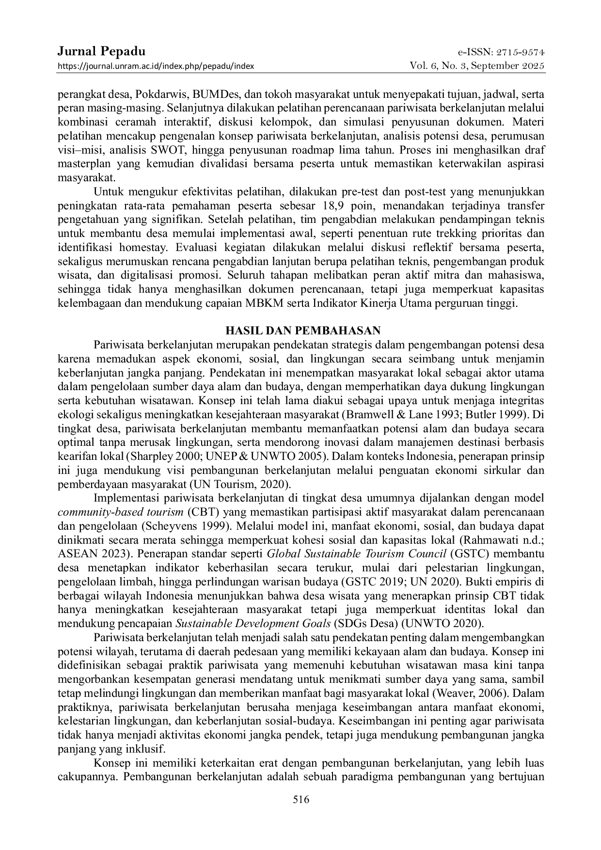 JURIS Pelatihan Perencanaan Pengembangan Pariwisata Berkelanjutan Dalam Rangka Peningkatan Sustainable Development Goals Sdgs Di Desa Tegal Maja Kabupaten Lombok Utara