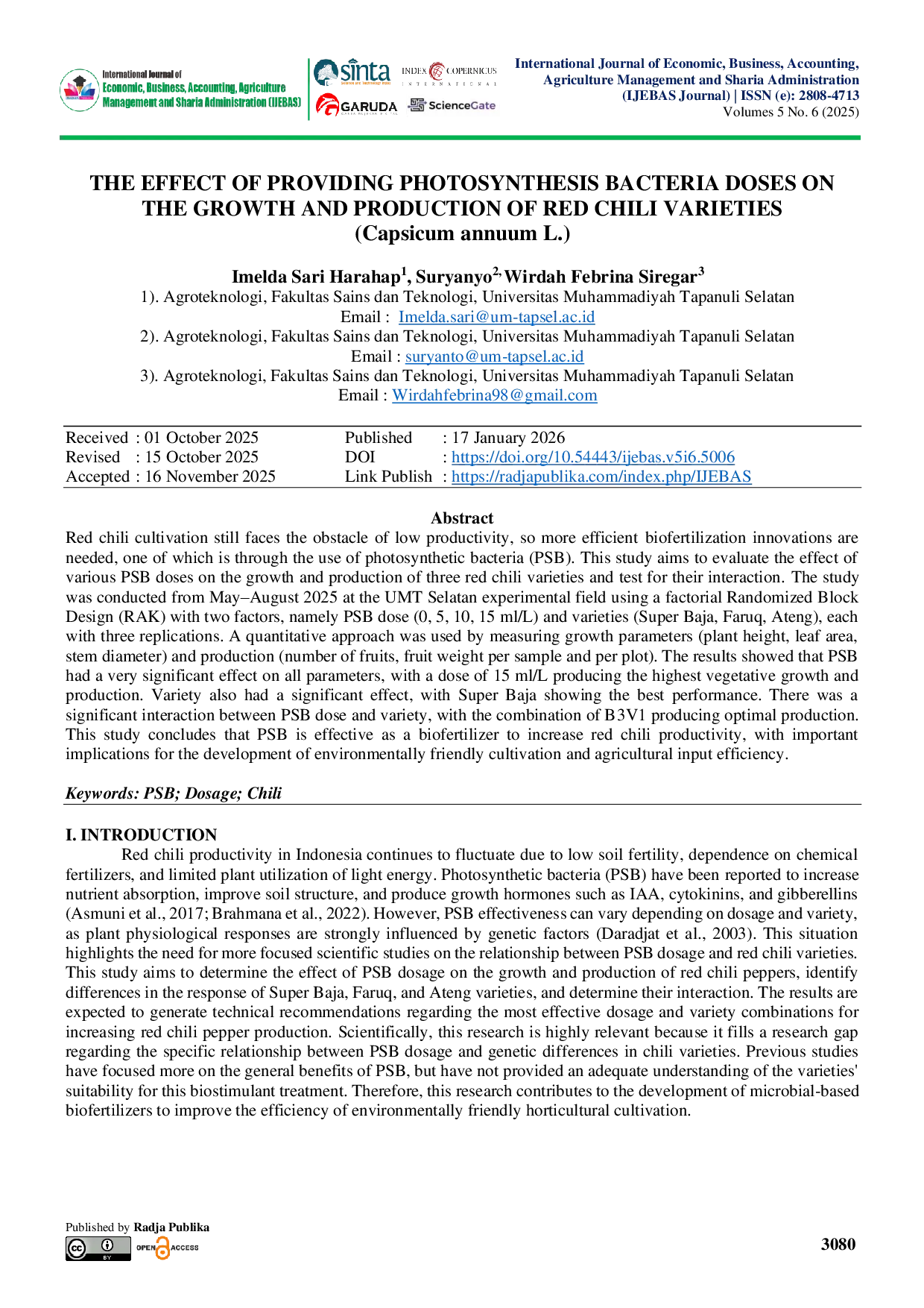 JURIS THE EFFECT OF PROVIDING PHOTOSYNTHESIS BACTERIA DOSES ON THE GROWTH AND PRODUCTION OF RED CHILI VARIETIES Capsicum annuum L