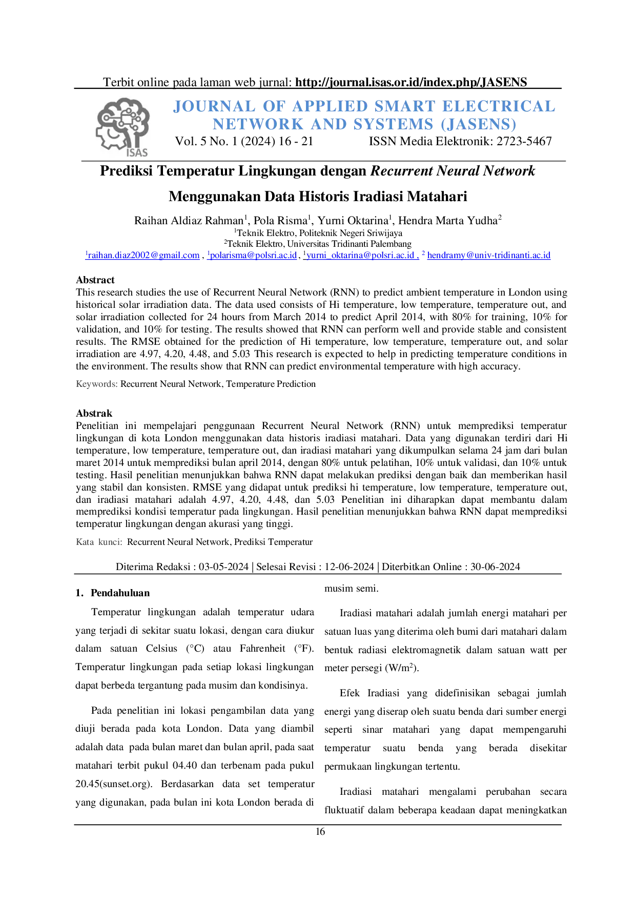 JURIS Prediksi Temperatur Lingkungan dengan Recurrent Neural Network Menggunakan Data Historis Iradiasi Matahari