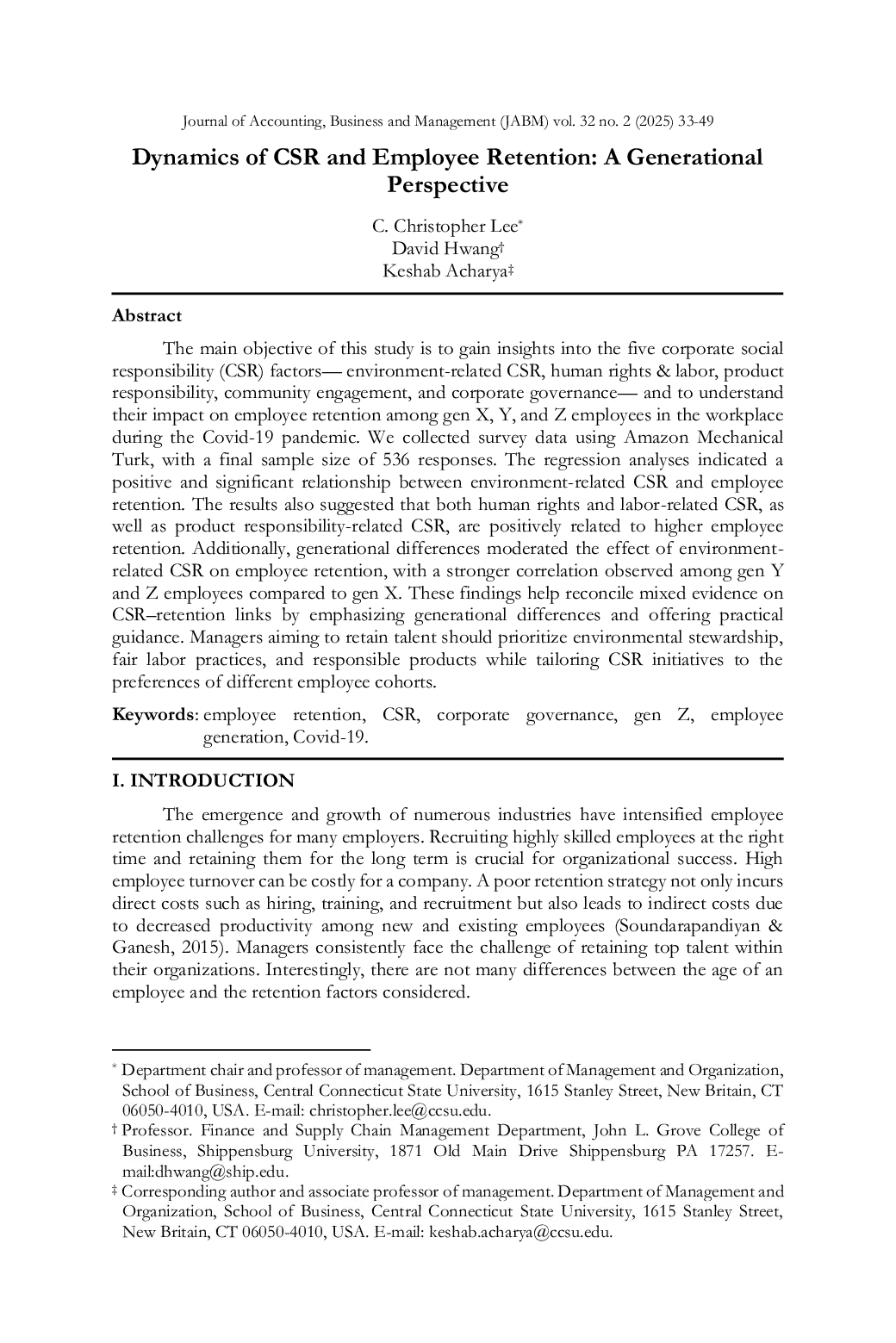 JURIS Dynamics of CSR and Employee Retention A Generational Perspective
