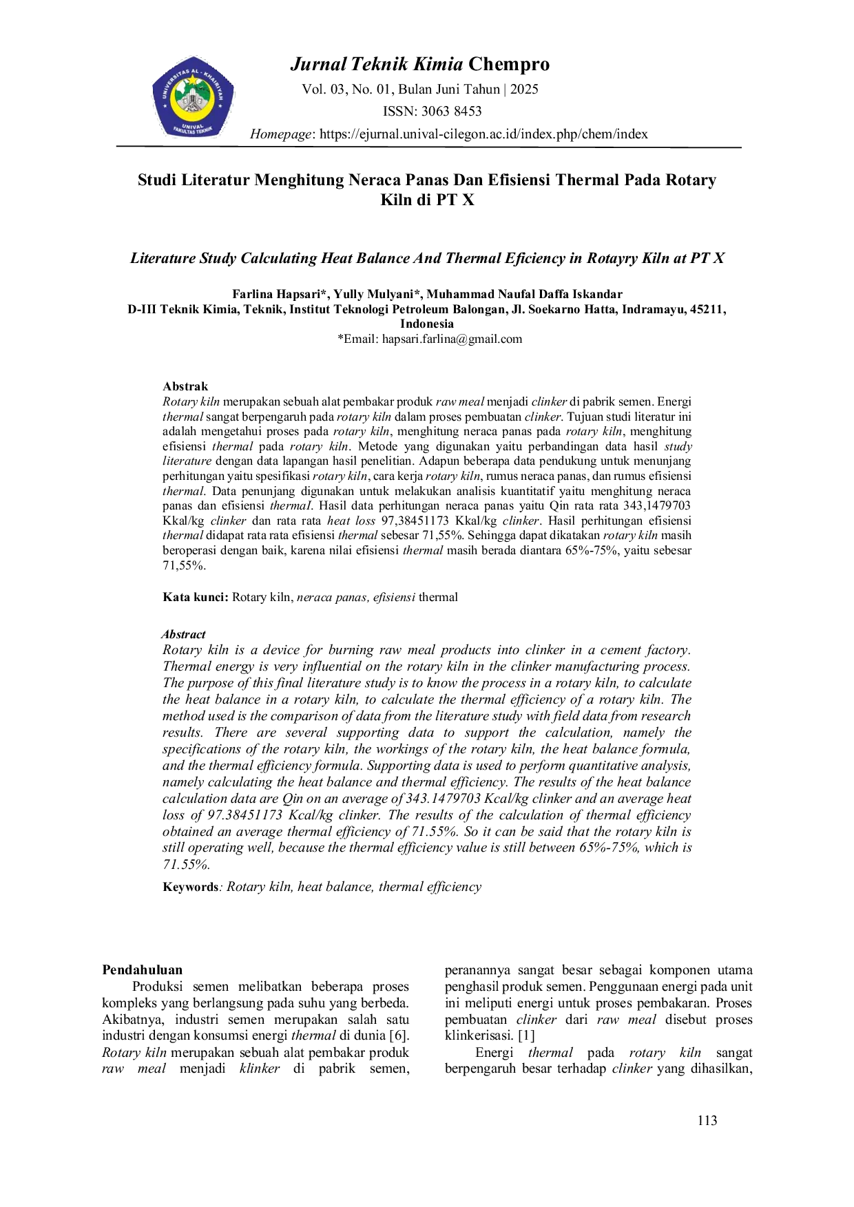 JURIS Literature Study Calculating Heat Balance And Thermal Eficiency in Rotayry Kiln at PT X