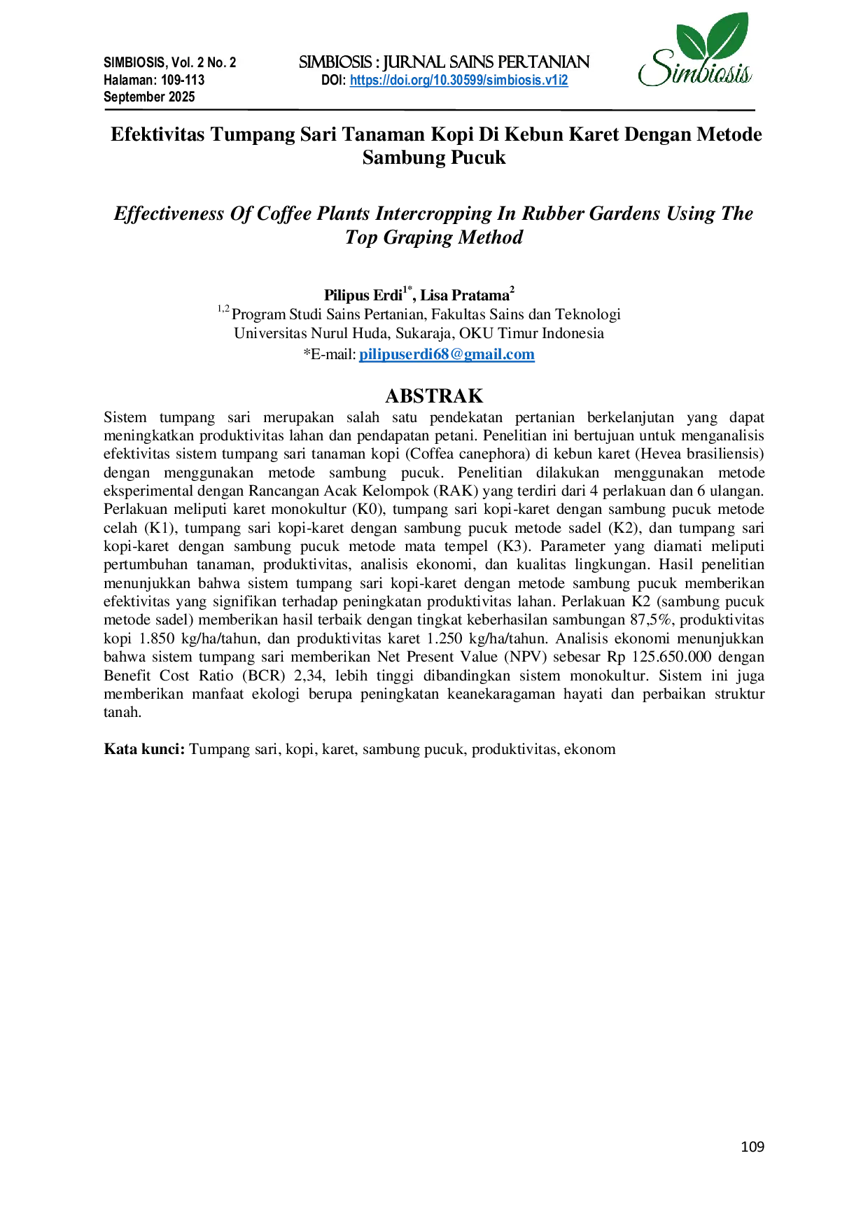 JURIS Efektivitas Tumpang Sari Tanaman Kopi Di Kebun Karet Dengan Metode Sambung Pucuk