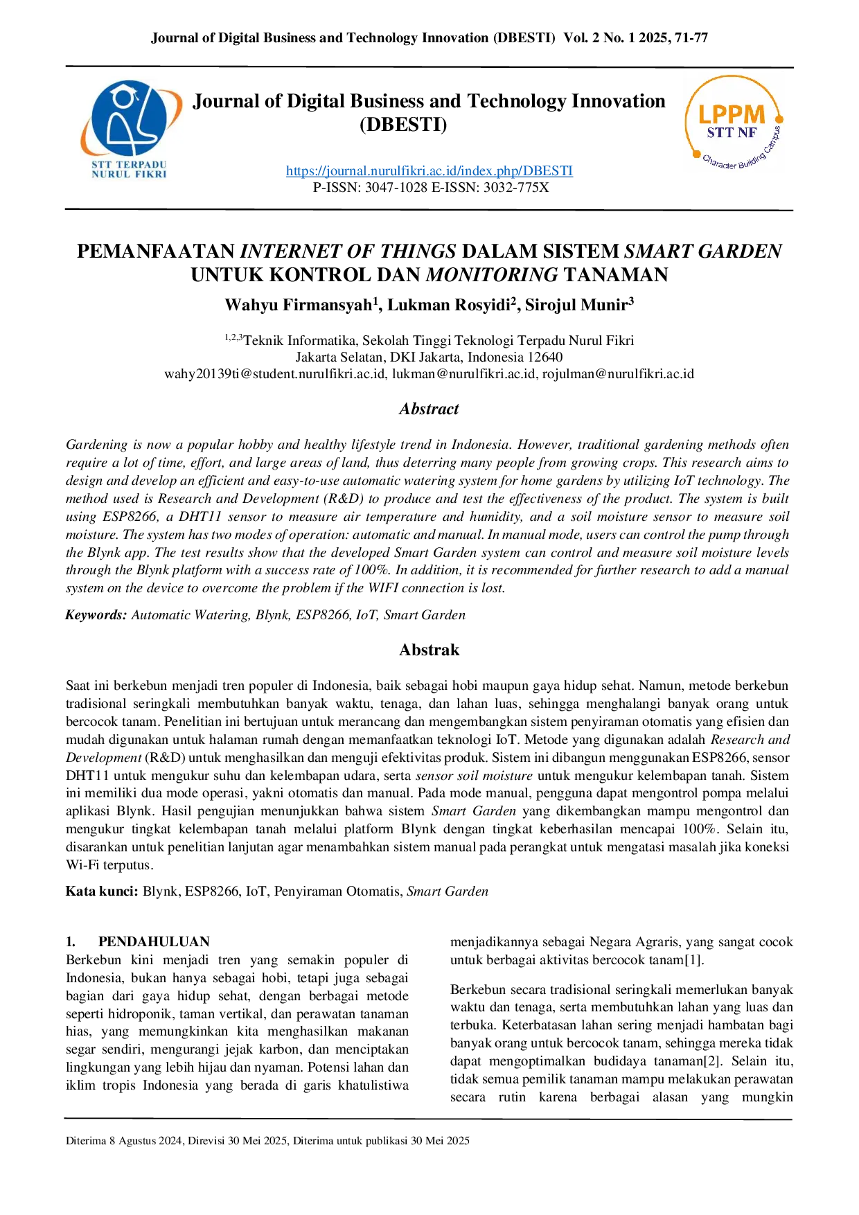 JURIS Pemanfaatan Internet Of Things dalam Sistem Smart Garden Untuk Kontrol dan Monitoring Tanaman