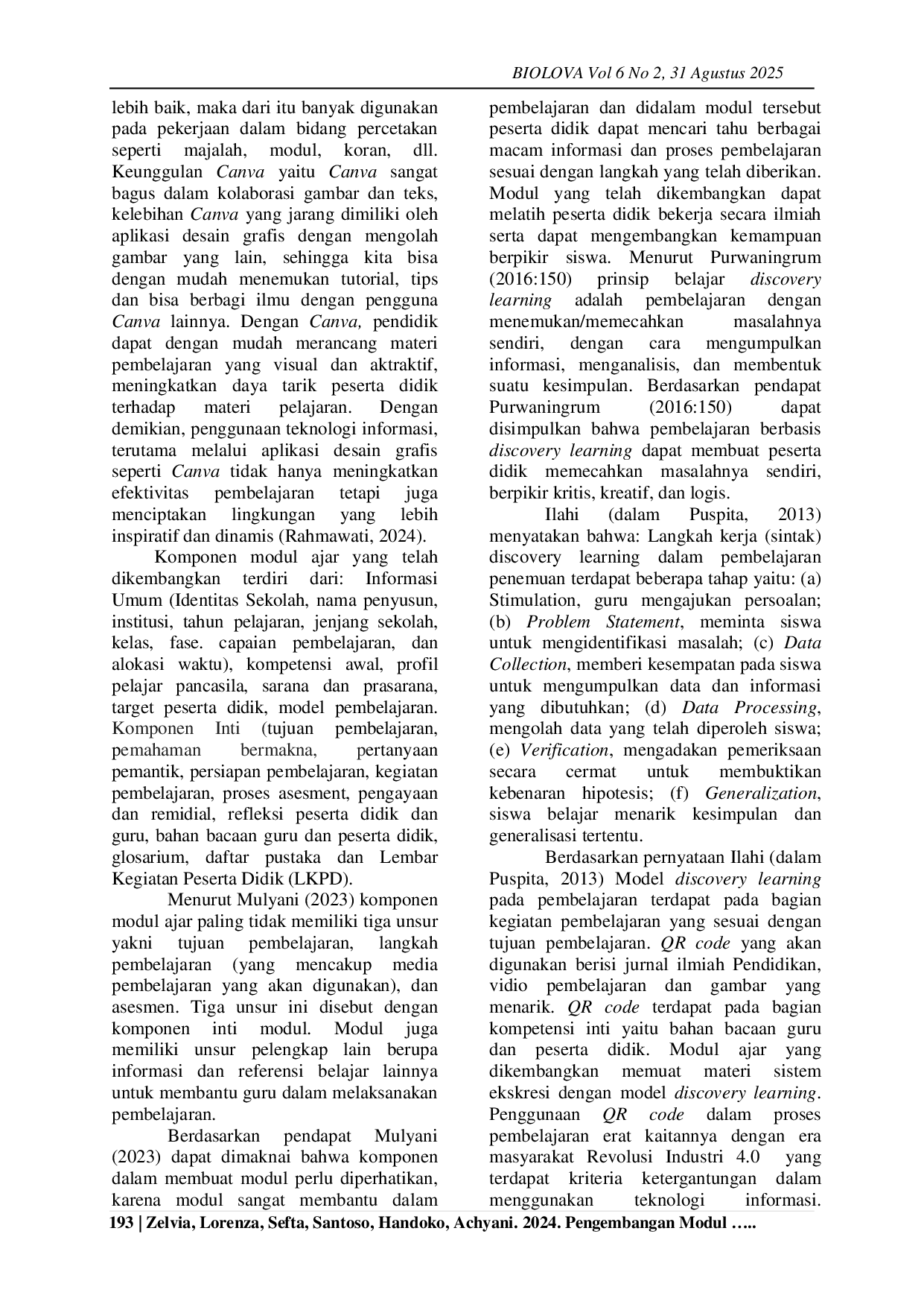 JURIS Pengembangan Modul Ajar Berbasis Discovery Learning Berbantu QR Code Untuk Meningkatkan Hasil Belajar Siswa Pada Materi Sistem Ekskresi Manusia