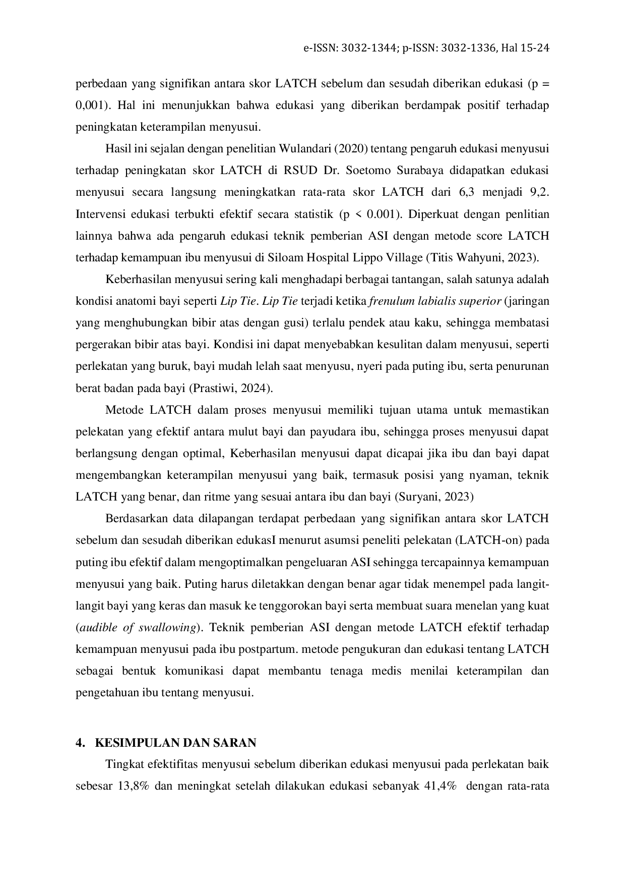 JURIS Pengaruh Edukasi Menyusui terhadap Efektivitas Menyusui Metode LATCH pada Ibu Nifas dengan Bayi Lip Tie di Rumah Sakit Krakatau Medika Cilegon