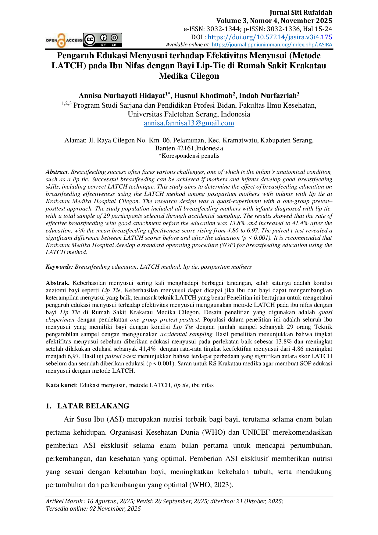 JURIS Pengaruh Edukasi Menyusui terhadap Efektivitas Menyusui Metode LATCH pada Ibu Nifas dengan Bayi Lip Tie di Rumah Sakit Krakatau Medika Cilegon