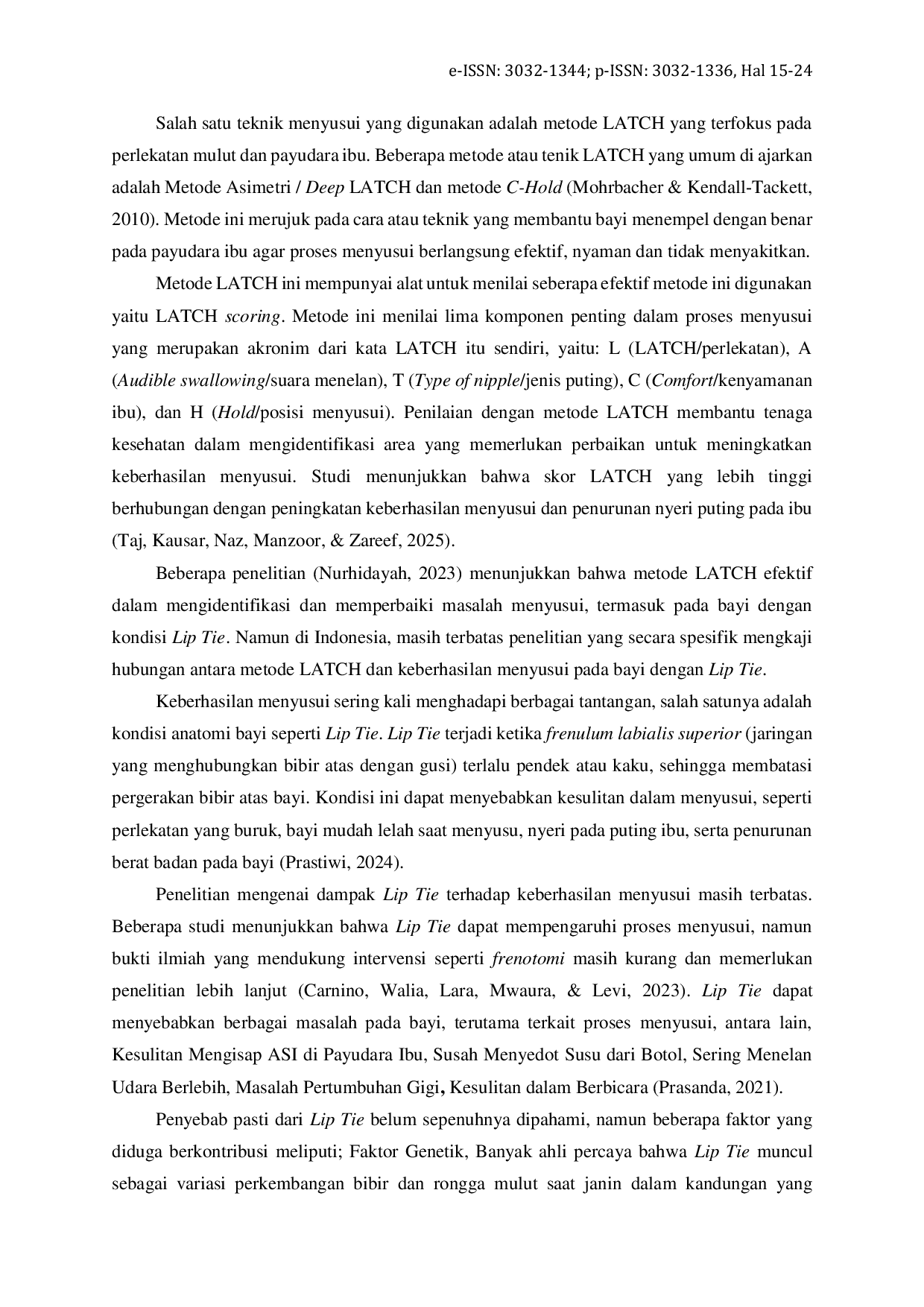 JURIS Pengaruh Edukasi Menyusui terhadap Efektivitas Menyusui Metode LATCH pada Ibu Nifas dengan Bayi Lip Tie di Rumah Sakit Krakatau Medika Cilegon