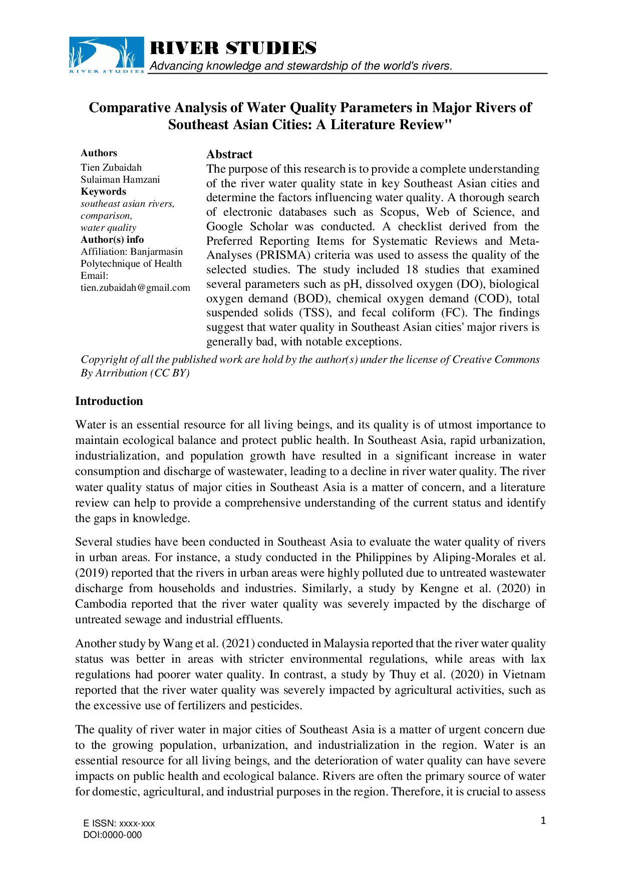 juris Comparative Analysis of Water Quality Parameters in Major Rivers of Southeast Asian Cities A Literature Review