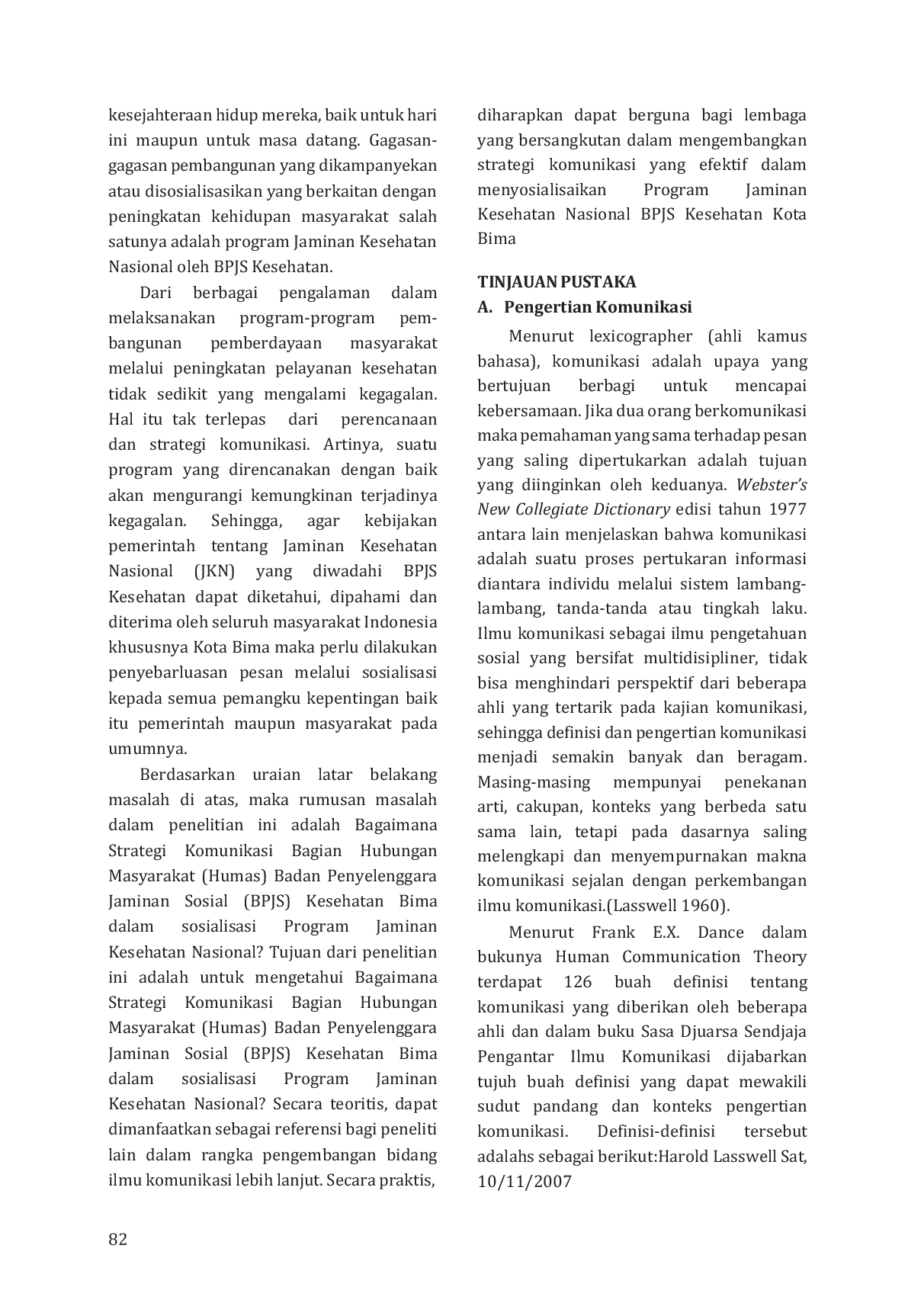 JURIS Strategi Komunikasi Bpjs Kesehatan Bima Dalam Menyosialisasikan Program Jaminan Kesehatan Nasional Jkn