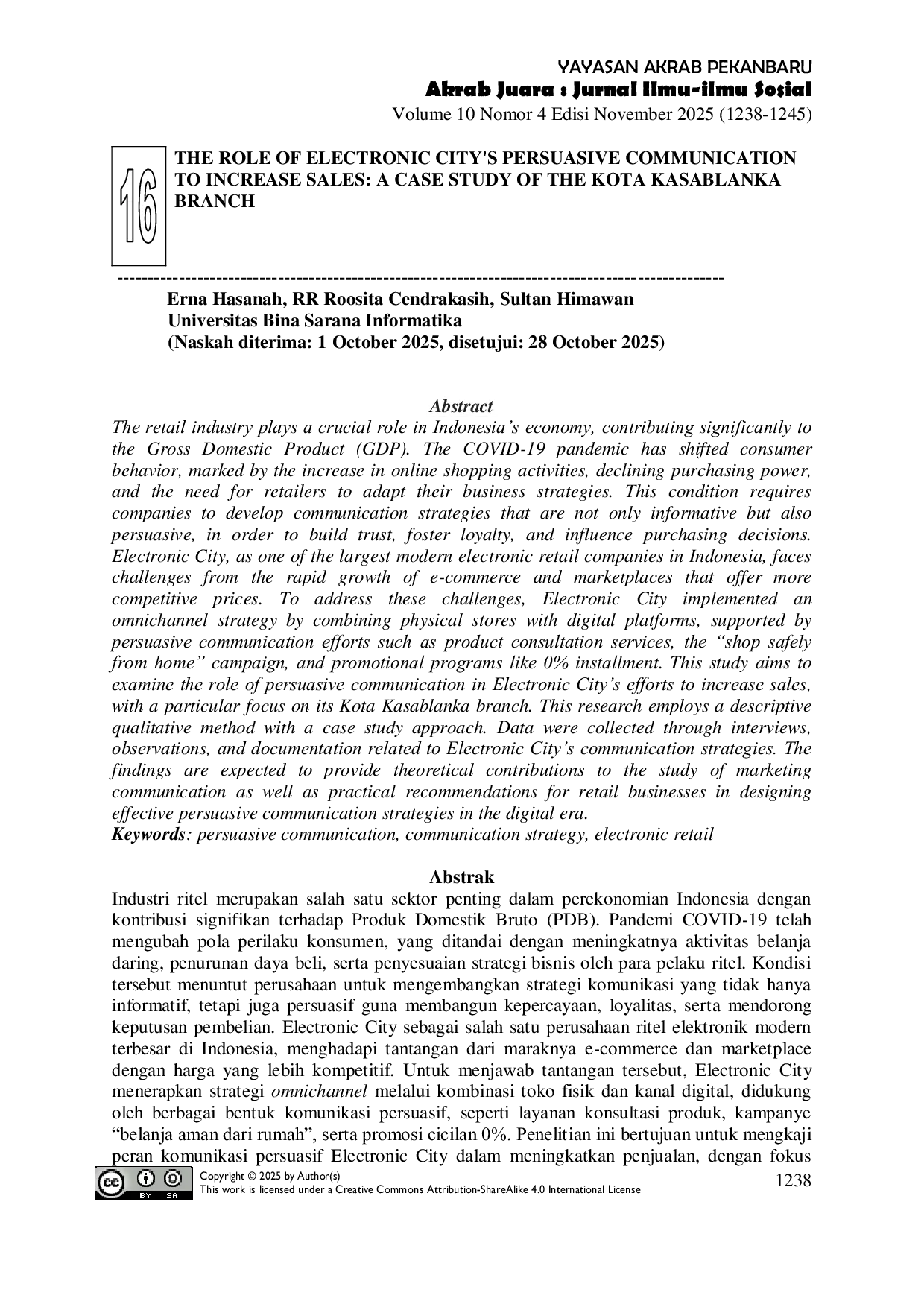 JURIS The Role of Electronic City s Persuasive Communication to Increase Sales A Case Study of the Kota Kasablanka Branch