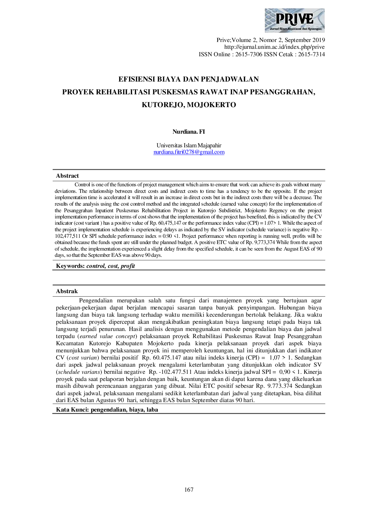 JURIS Efisiensi Biaya dan Penjadwalan Proyek Rehabilitasi Puskesmas Rawat Inap Pesanggrahan Kutorejo Mojokerto