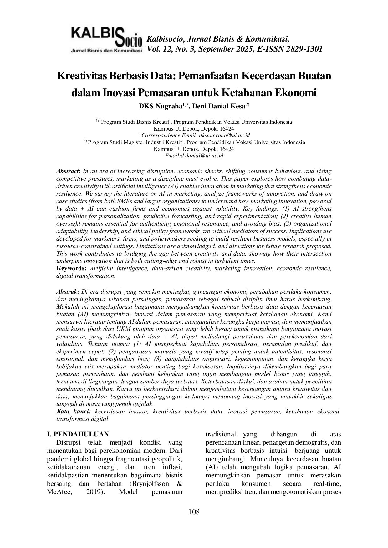 JURIS Kreativitas Berbasis Data Pemanfaatan Kecerdasan Buatan dalam Inovasi Pemasaran untuk Ketahanan Ekonomi