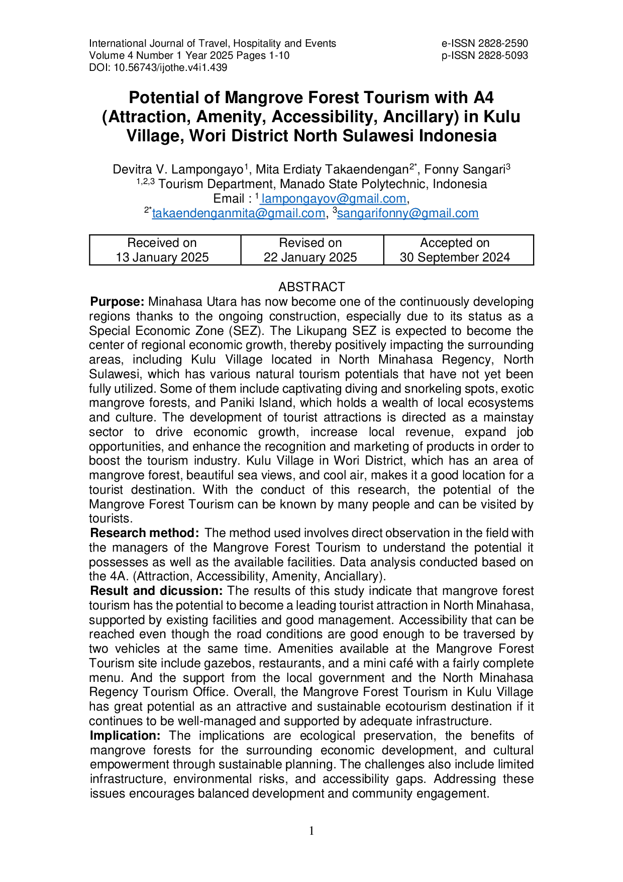 JURIS Potential of Mangrove Forest Tourism with A4 Attraction Amenity Accessibility Ancillary in Kulu Village Wori District North Sulawesi Indonesia