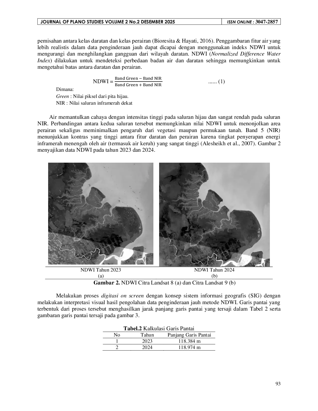 JURIS Integrasi GIS dan Remote Sensing untuk Deteksi Perubahan Garis Pantai dengan Pendekatan NDWI dan DSAS pada Citra Landsat 8 dan 9 di Taman Nasional Sembilang