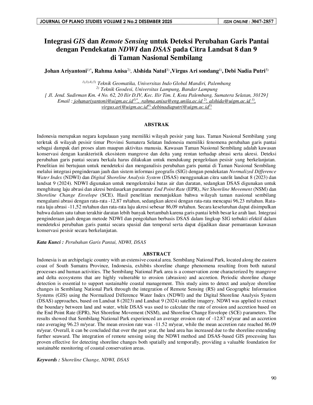 JURIS Integrasi GIS dan Remote Sensing untuk Deteksi Perubahan Garis Pantai dengan Pendekatan NDWI dan DSAS pada Citra Landsat 8 dan 9 di Taman Nasional Sembilang