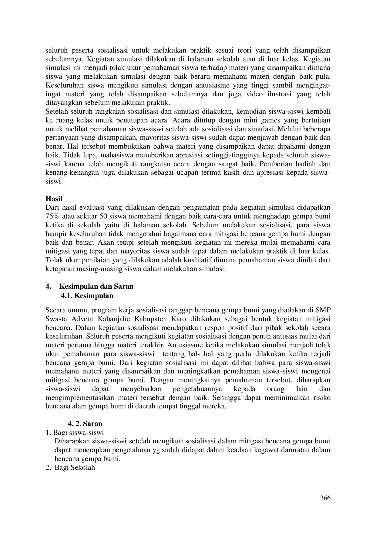 JURIS Sosialisasi Dan Simulasi Mitigasi Bencana Gempa Bumi Pada Siswa I Smp Swasta Advent Kabanjahe Kabupaten Karo