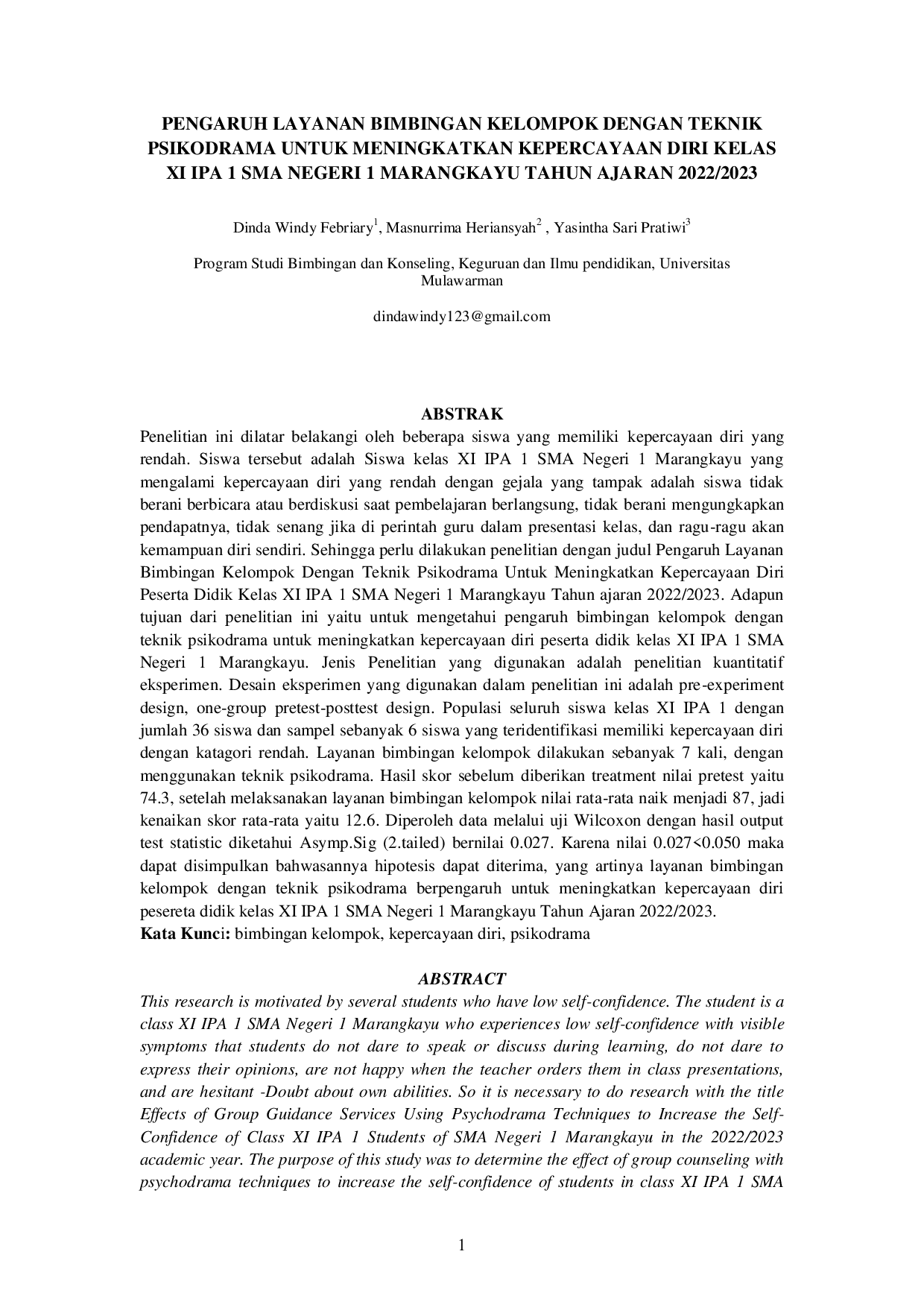 JURIS Pengaruh Layanan Bimbingan Kelompok Dengan Teknik Psikodrama Untuk Meningkatkan Kepercayaan Diri Kelas XI IPA 1 SMA Negeri 1 Marangkayu Tahun Ajaran 2022 2023