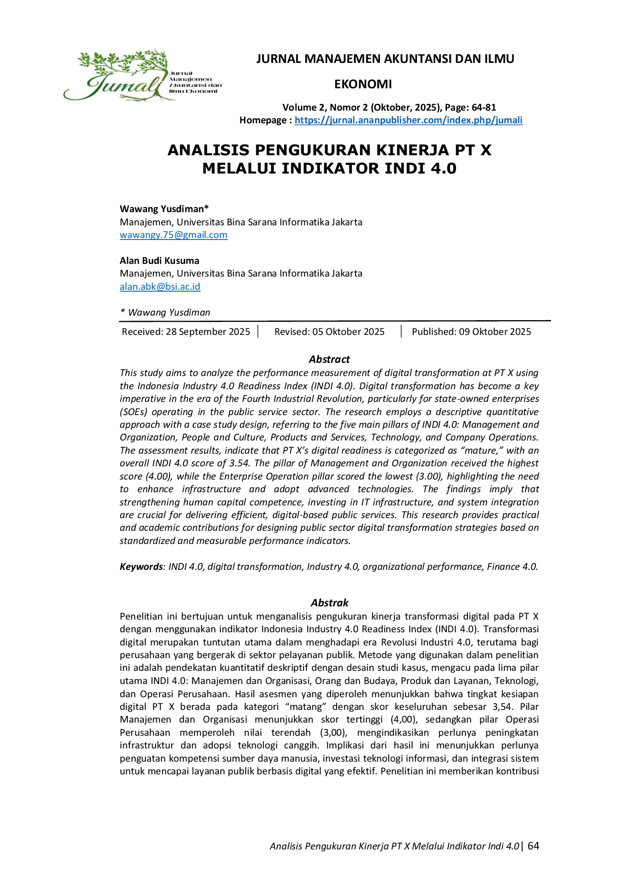 JURIS Analisis Pengukuran Kinerja PT X Melalui Indikator Indi 4 0