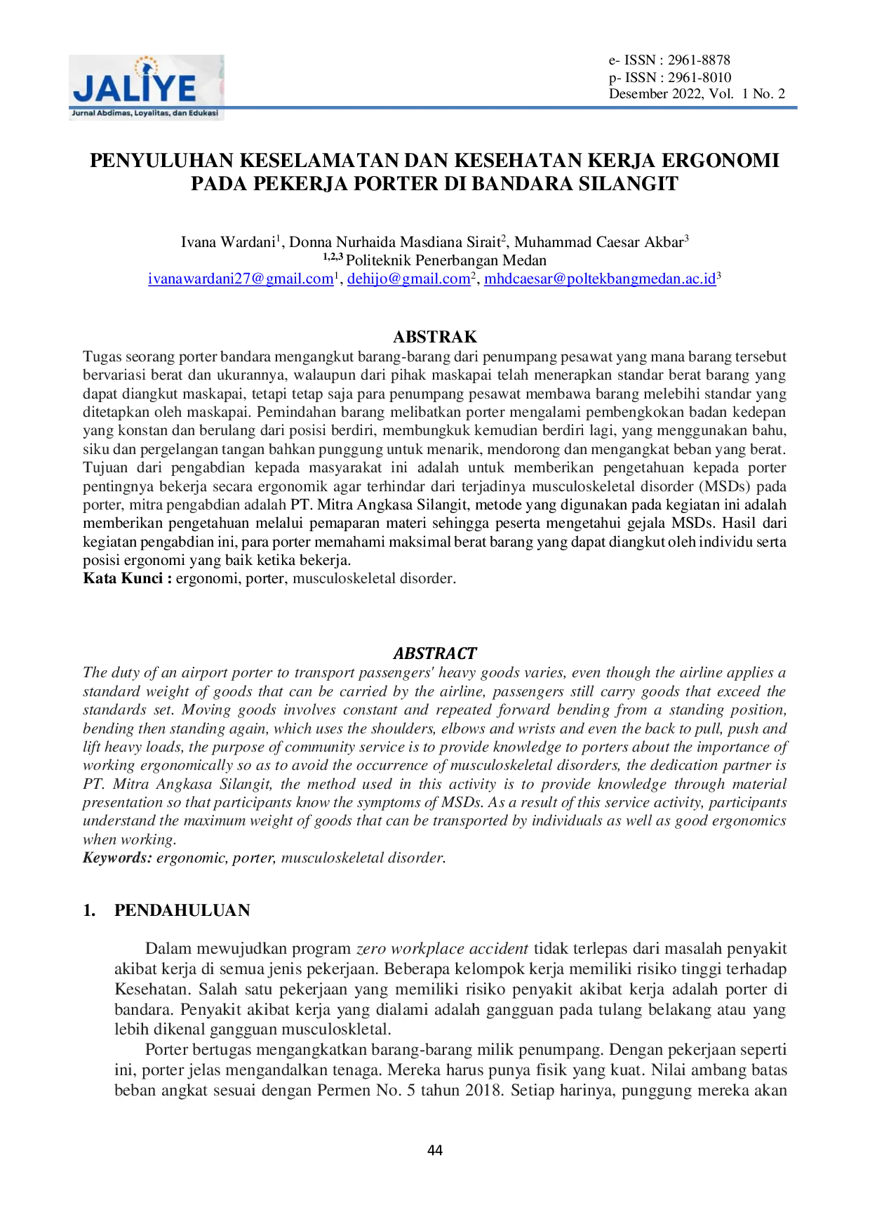JURIS Penyuluhan Keselamatan dan Kesehatan Kerja Ergonomi pada Pekerja Porter di Bandara Silangit