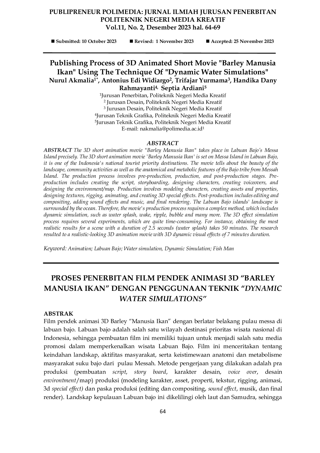 JURIS Publishing Process of 3D Animated Short Movie Barley Manusia Ikan Using The Technique Of Dynamic Water Simulations