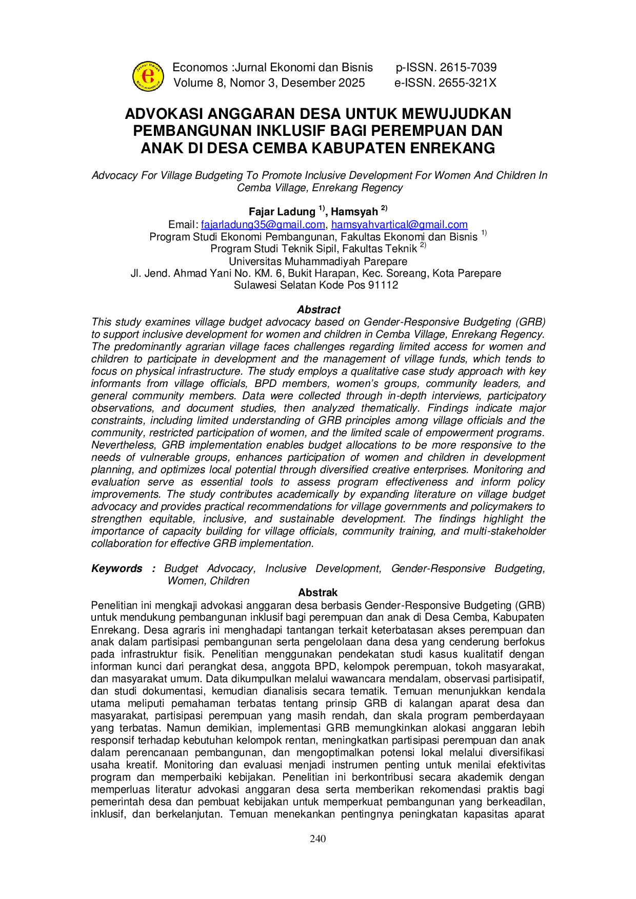 JURIS Advocacy For Village Budgeting To Promote Inclusive Development For Women And Children In Cemba Village Enrekang Regency